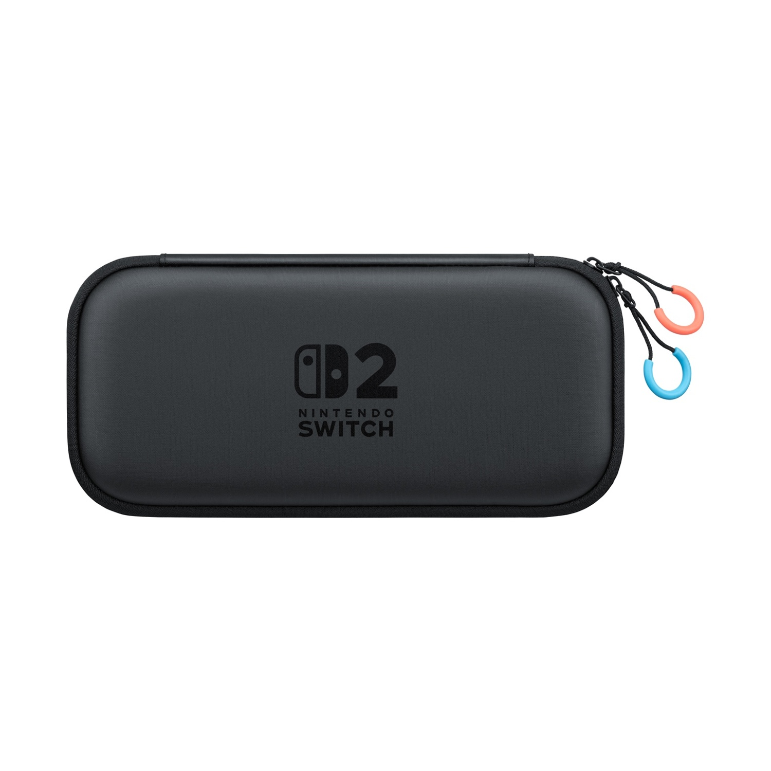 Custodia per il trasporto Nintendo Switch nera. Logo Nintendo Switch e due anelli arancione/blu.