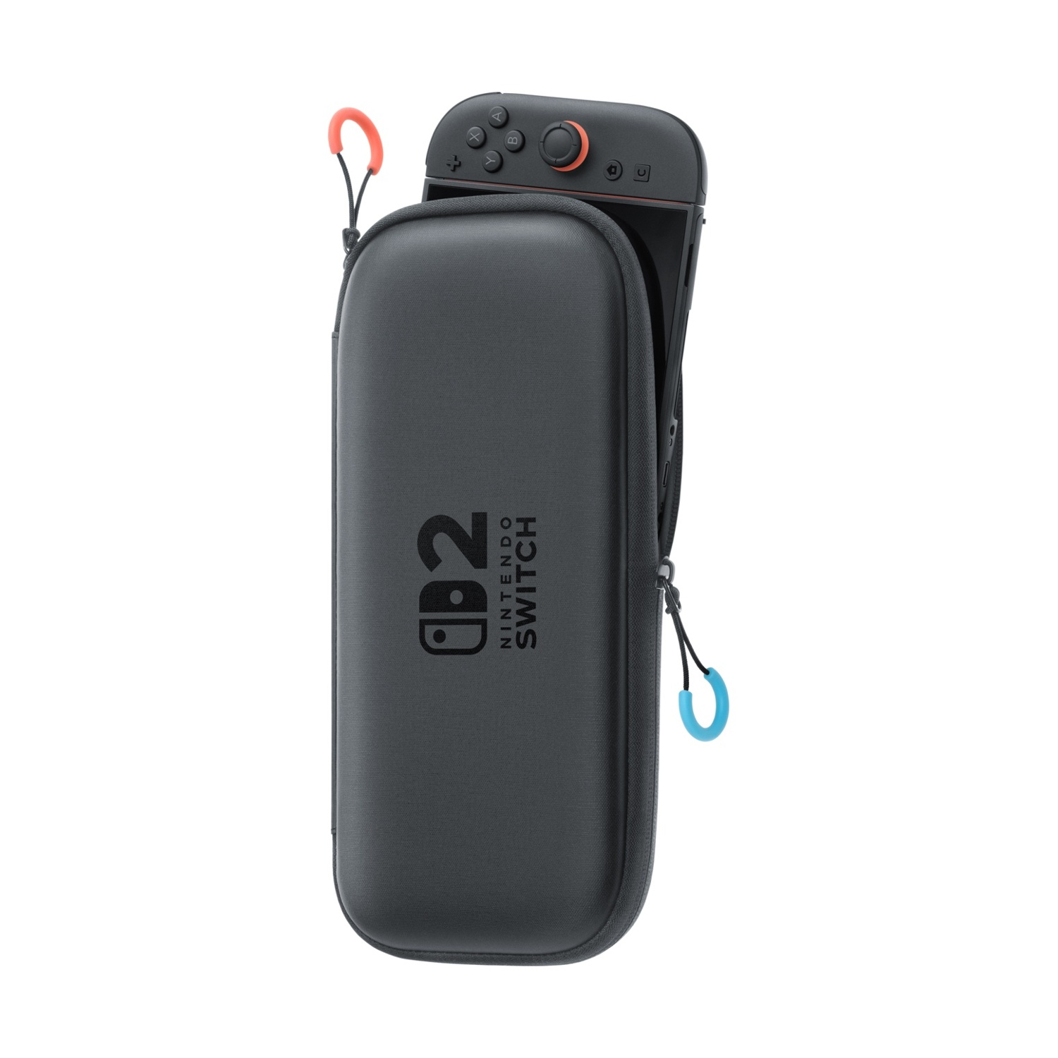 Nintendo Switch all'interno di una custodia nera. La custodia è aperta, mostra la console e due joycon.