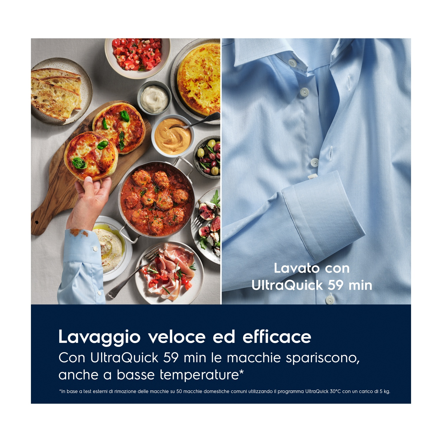 Cibo con piatti e polsino di camicia, evidenziando il ciclo di lavaggio UltraQuick 59 min.