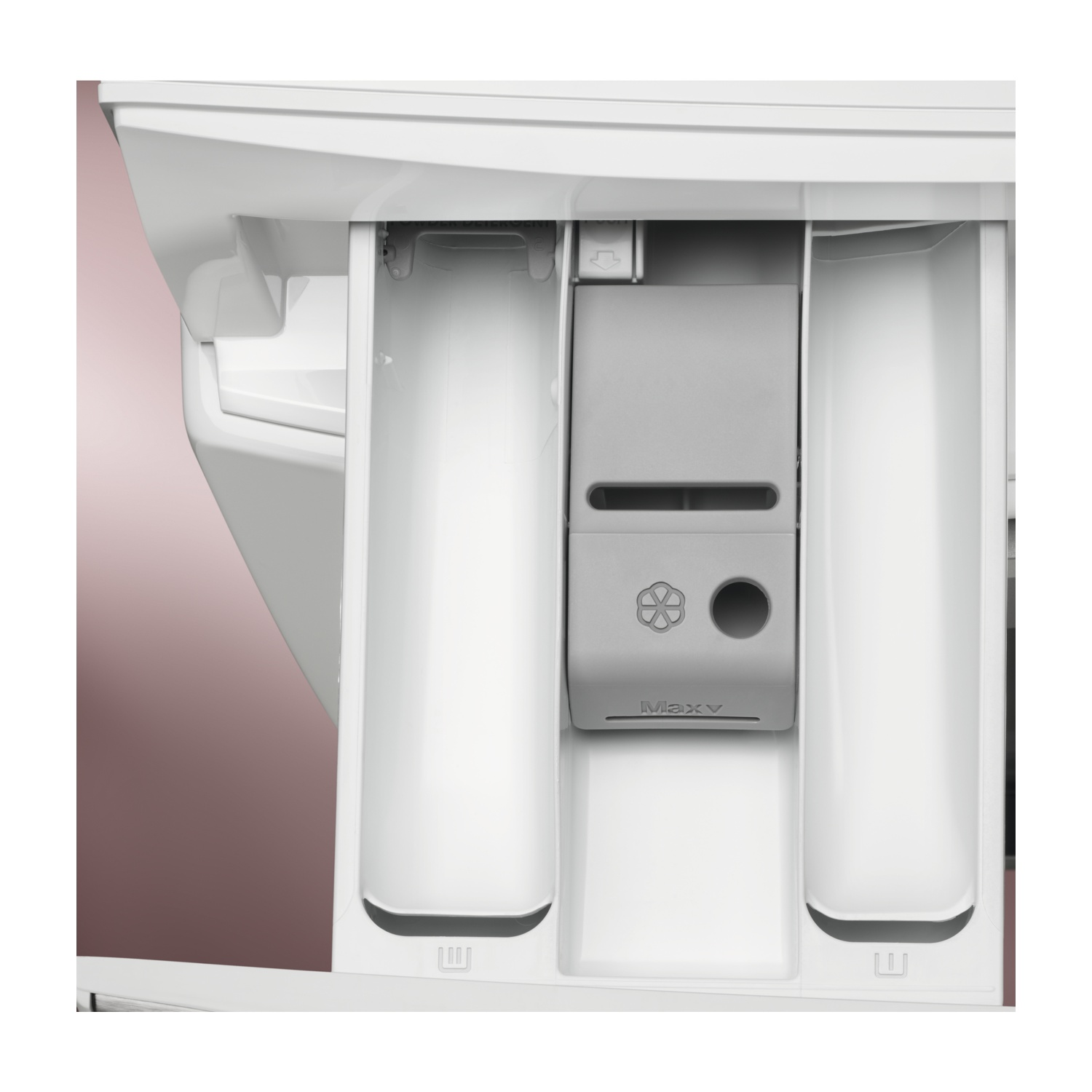 Dispenser del detersivo della lavatrice, che mostra tre scomparti con una parte centrale grigia.
