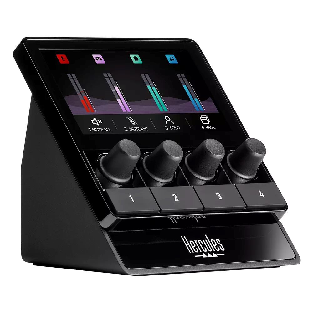 Schwarzer Hercules DJ-Controller mit Bildschirm. Knöpfe und Tasten mit 1-4 beschriftet. Bildschirm zeigt Audiopegel.
