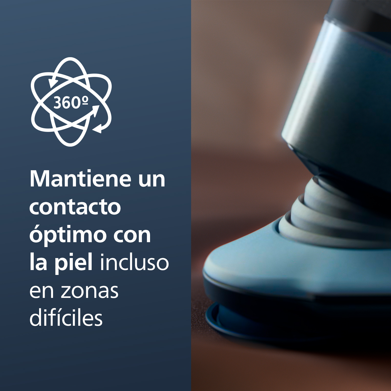 Afeitadora azul y negra sobre fondo marrón con texto: mantiene un contacto óptimo con la piel incluso en zonas difíciles.