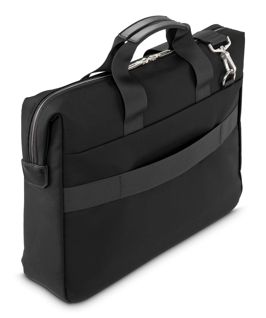 Czarna teczka Hama, widok pod kątem. Uchwyt, srebrne zamki, pasek boczny i D-ring.