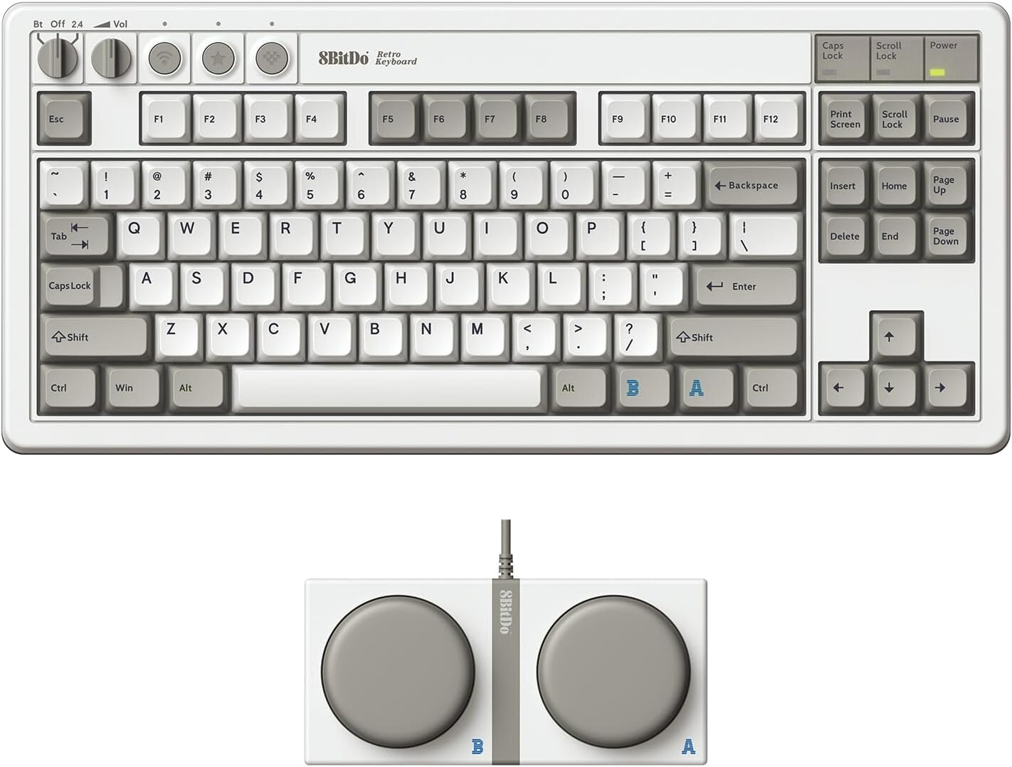 Biała klawiatura 8BitDo Retro z czarnym stojakiem.