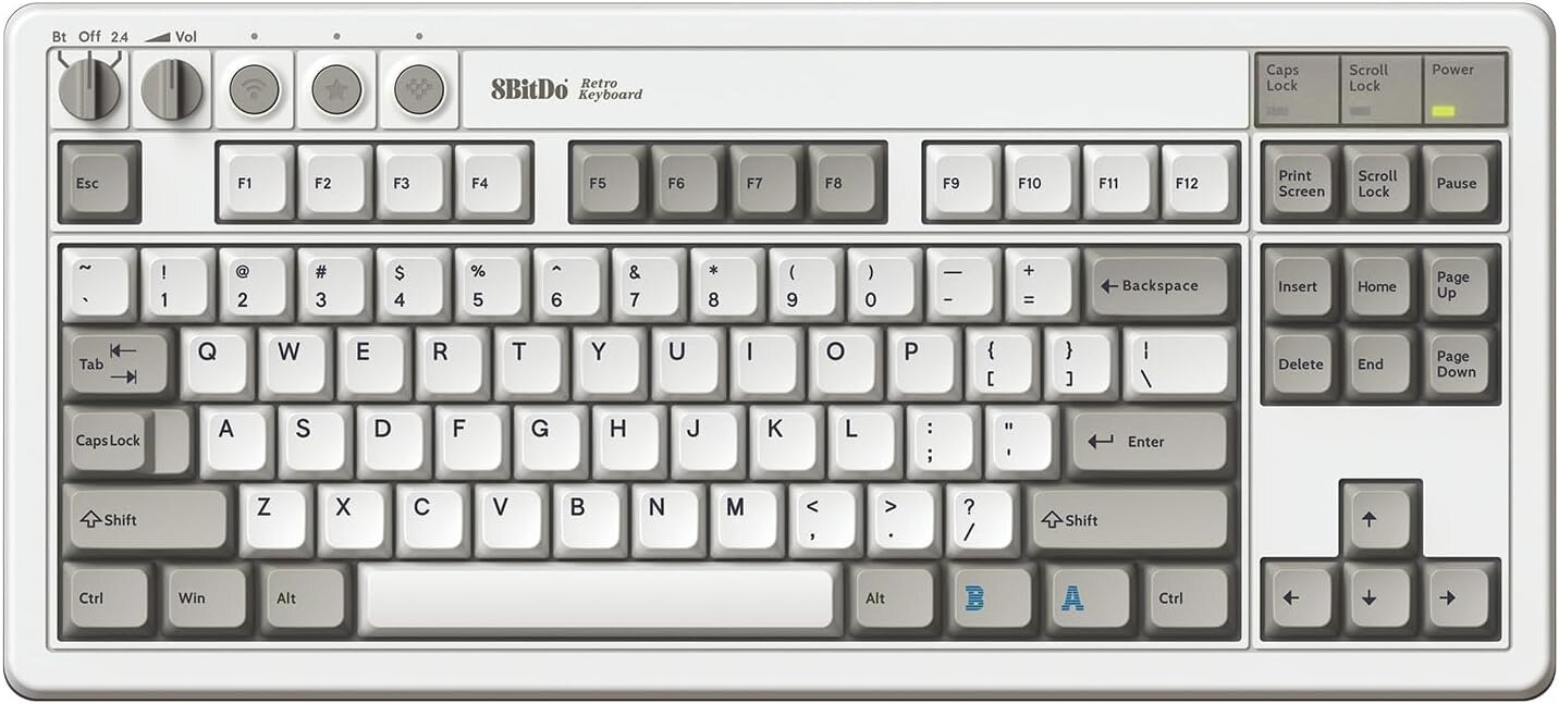 Biała klawiatura 8BitDo Retro z szarymi klawiszami.