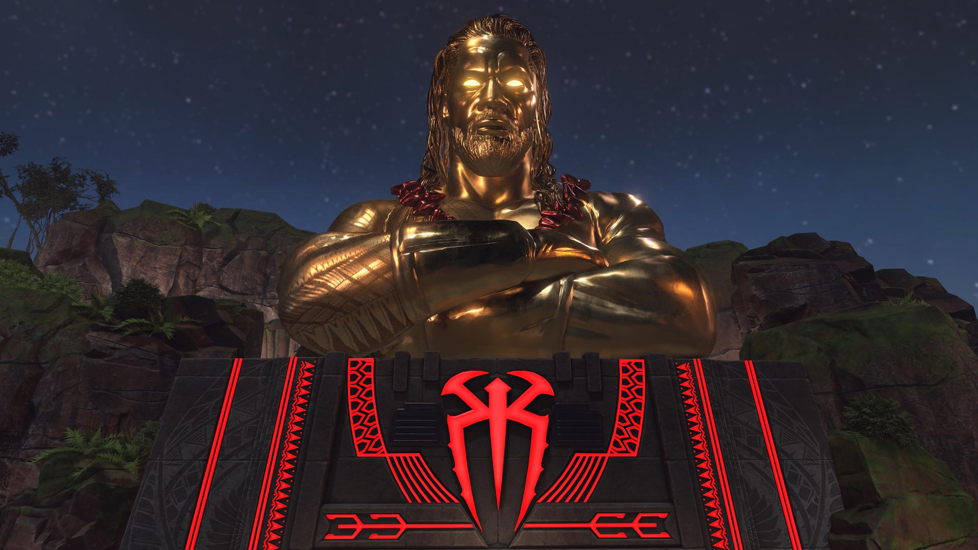 Eine goldene Statue eines Mannes, auf einer Plattform mit rotem Logo, unter sternenklarem Nachthimmel.