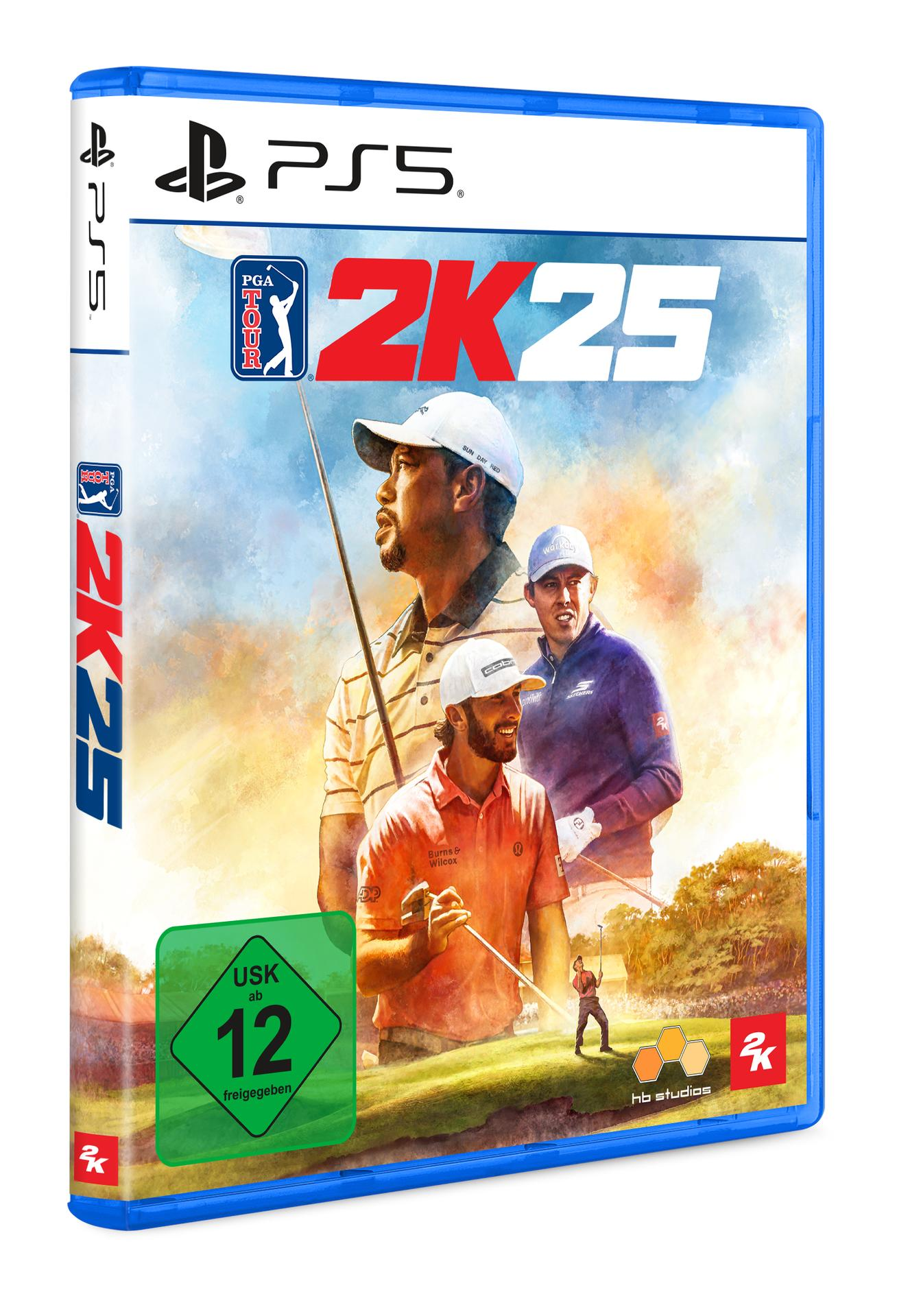 PS5-Spielcover: PGA Tour 2K25. Golfer und Golfplatz. USK 12-Rating.