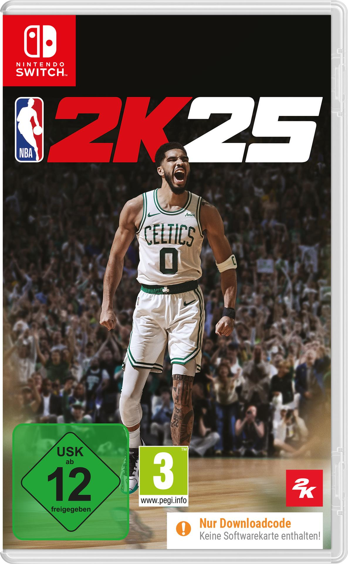 Spiel-Cover für NBA 2K25. Jayson Tatum auf dem Cover, trägt ein Celtics-Trikot. Grünes USK-Logo vorhanden.