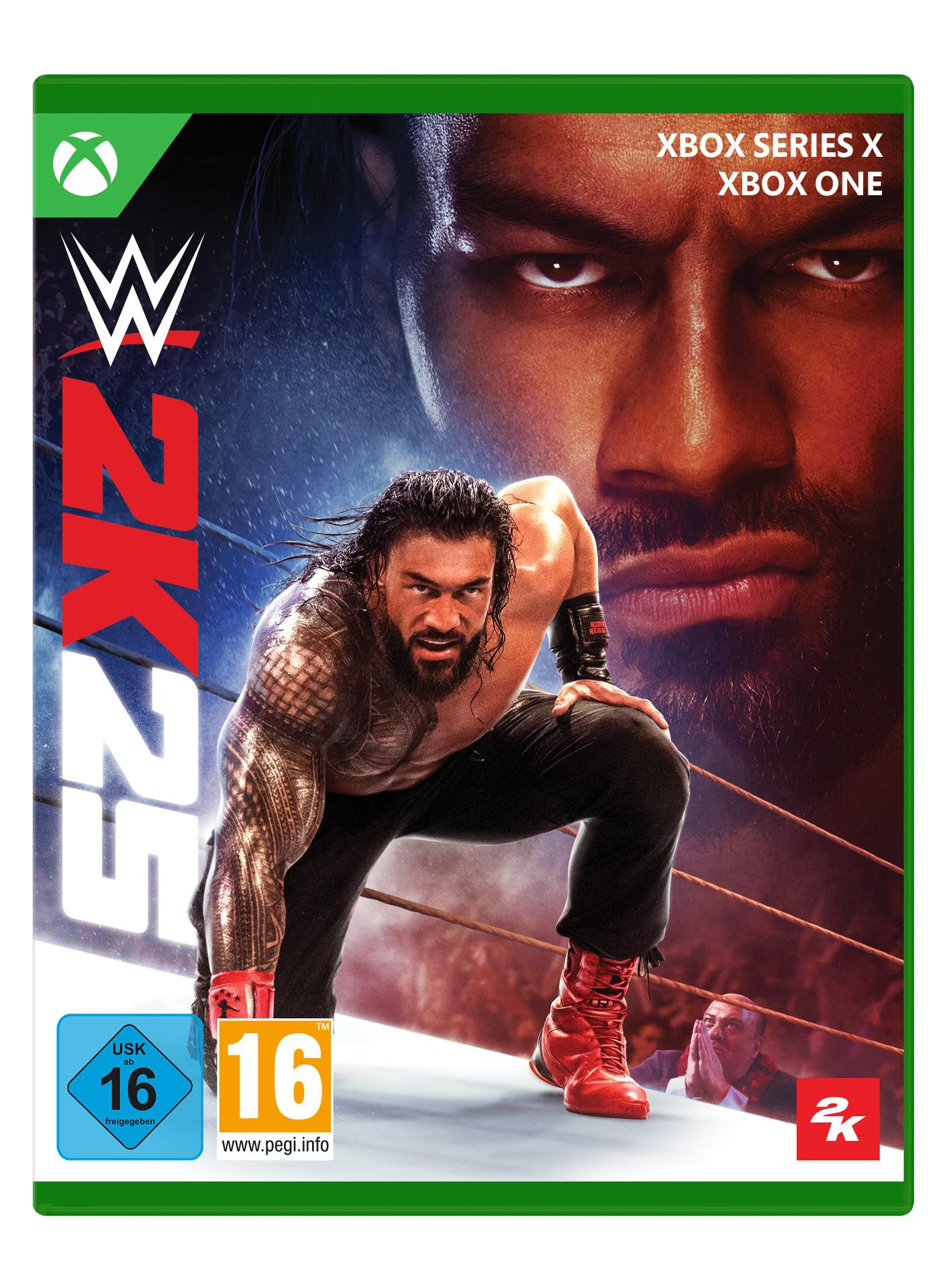 WWE 2K25-Spiel-Cover. Roman Reigns auf dem Cover. Grünes Xbox-Logo, PEGI 16-Rating vorhanden.