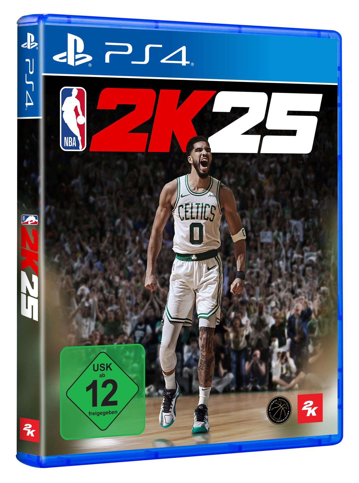 NBA 2K25 PS4-Spielcover mit einem Basketballspieler in Aktion. Der Hintergrund ist ein überfülltes Stadion.