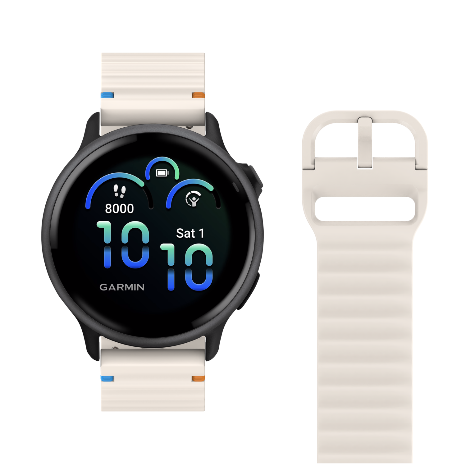 Montre intelligente Garmin avec bracelet crème et bracelet séparé à côté. Fond noir.
