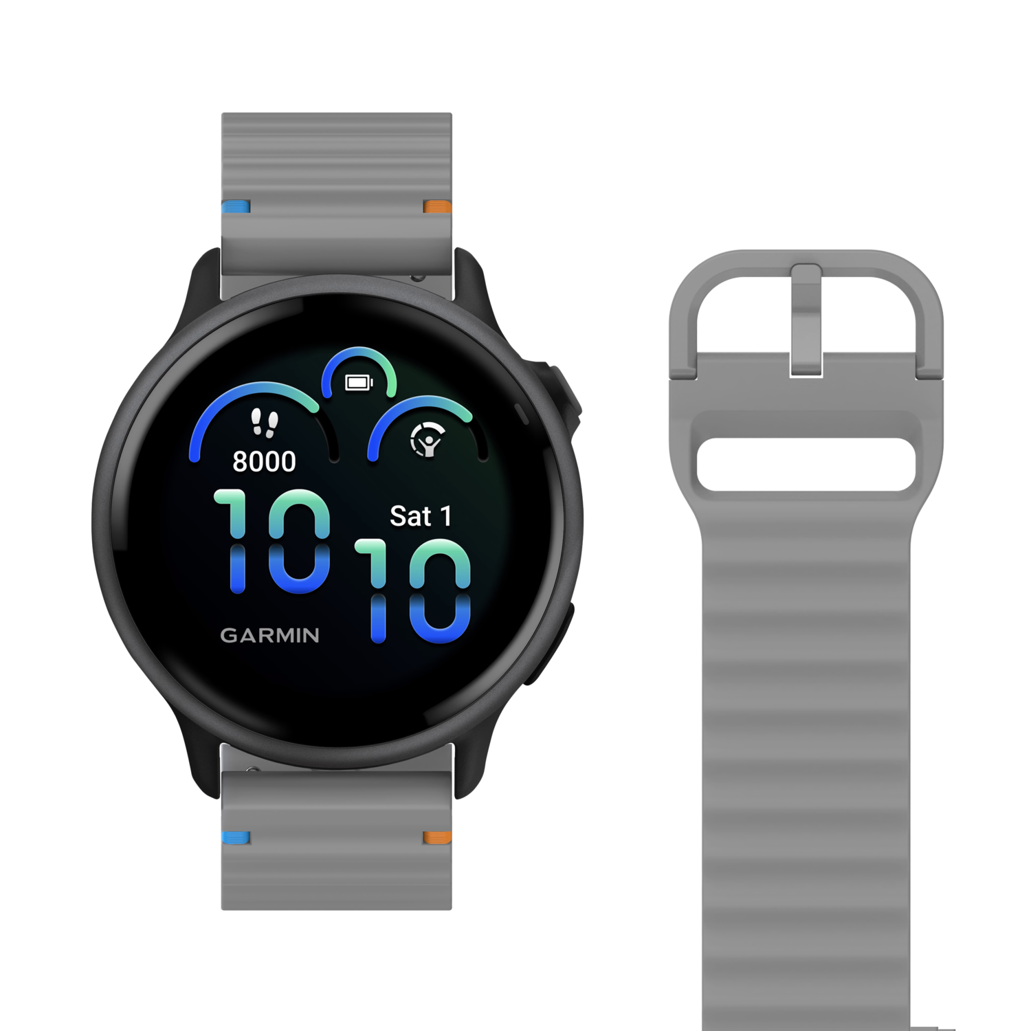 Garmin smartwatch met grijze band en losse band ernaast. Zwarte achtergrond.
