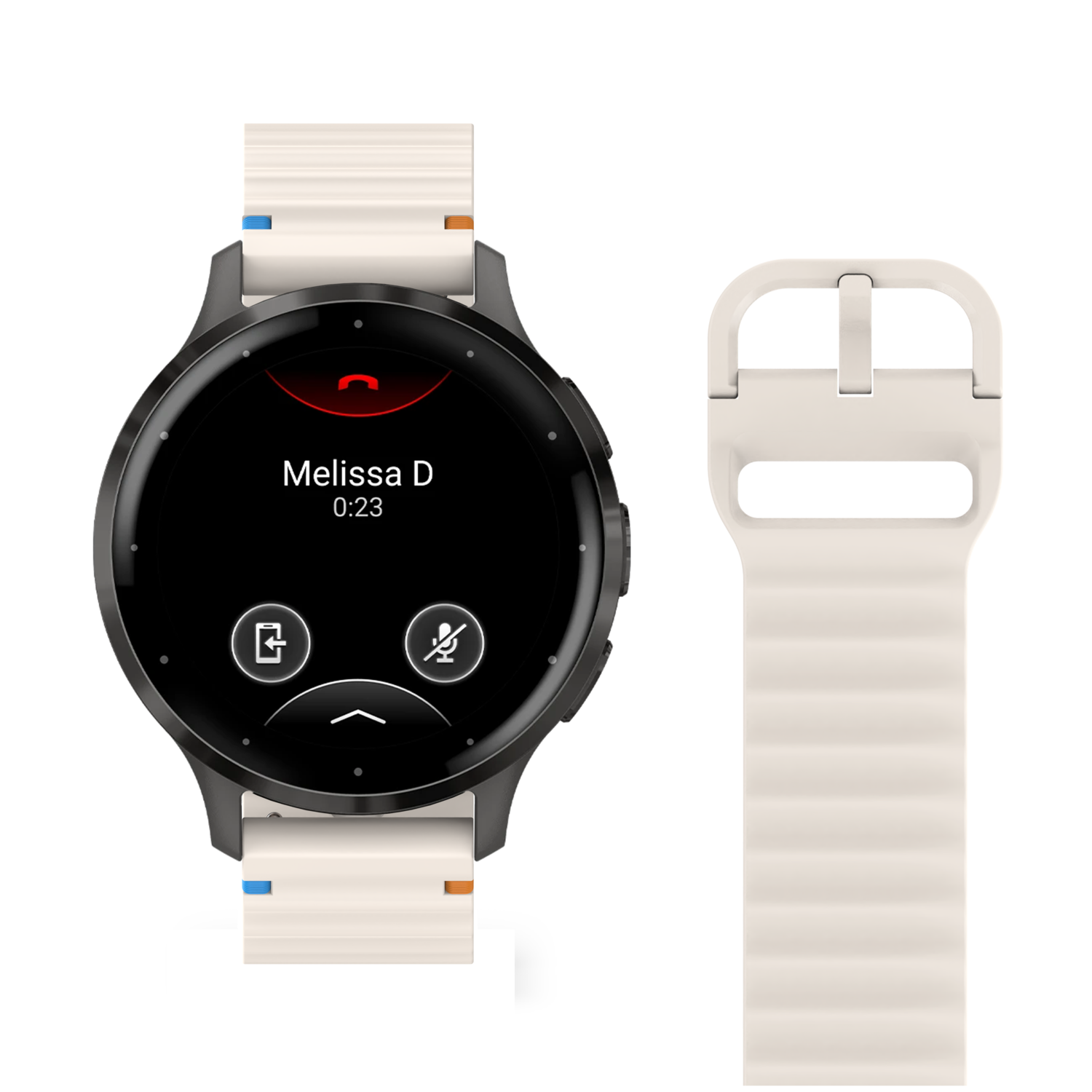 Une montre connectée avec un bracelet blanc affichant un appel entrant de Melissa D. Un bracelet supplémentaire est à droite.