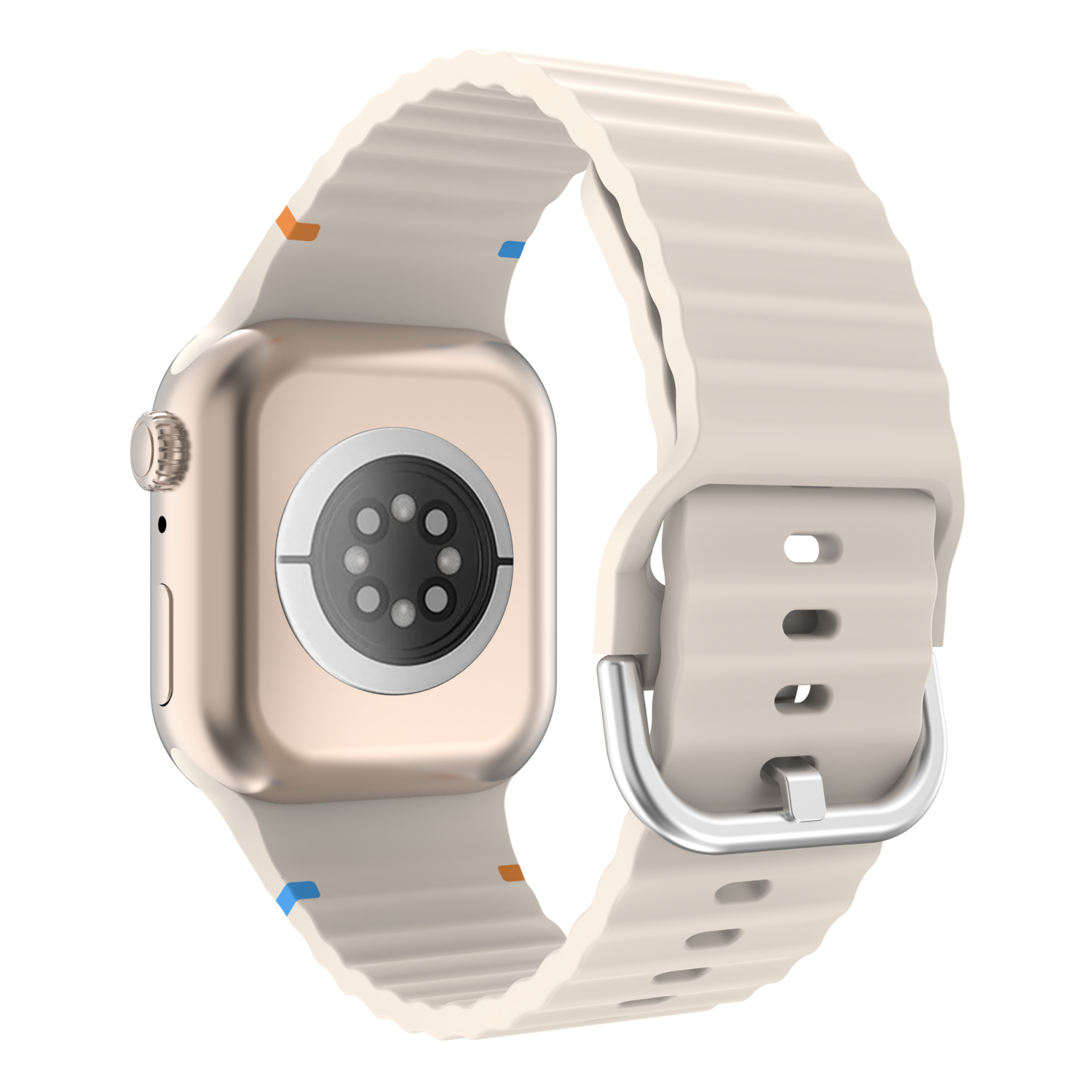 Smartwatch avec bracelet crème, vue arrière, avec un cercle métallique. Fond noir.