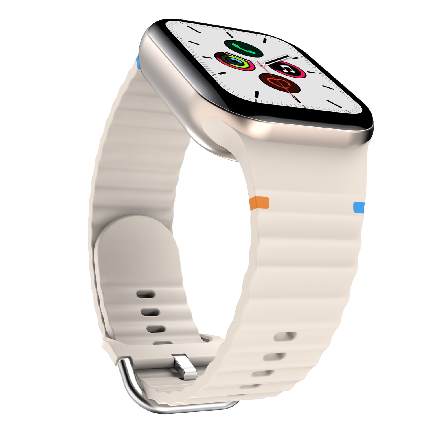 Smartwatch crème avec bracelet blanc et accents colorés. Fond noir.
