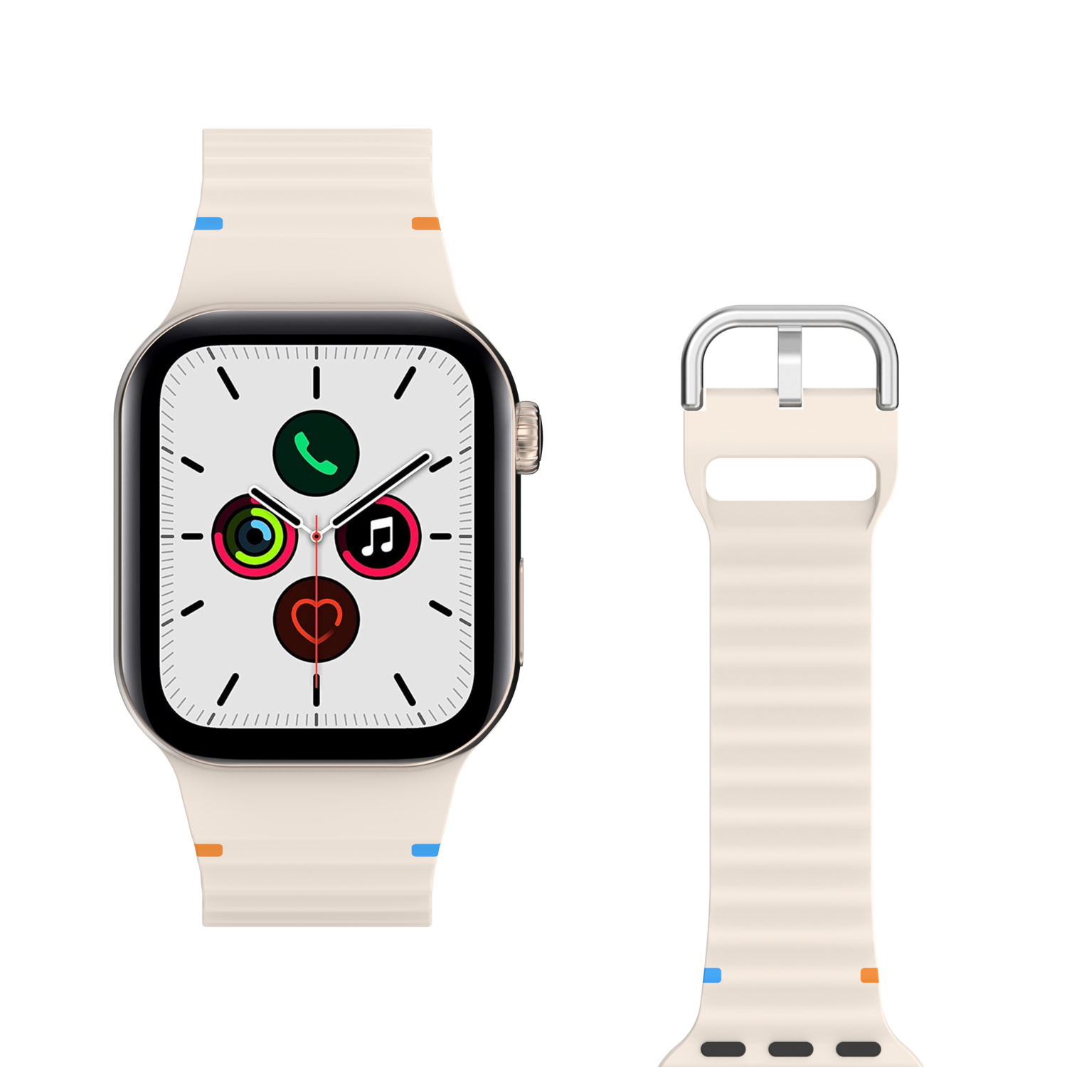 Smartwatch avec bracelet blanc, bracelet détaché et cadran blanc. Fond noir.