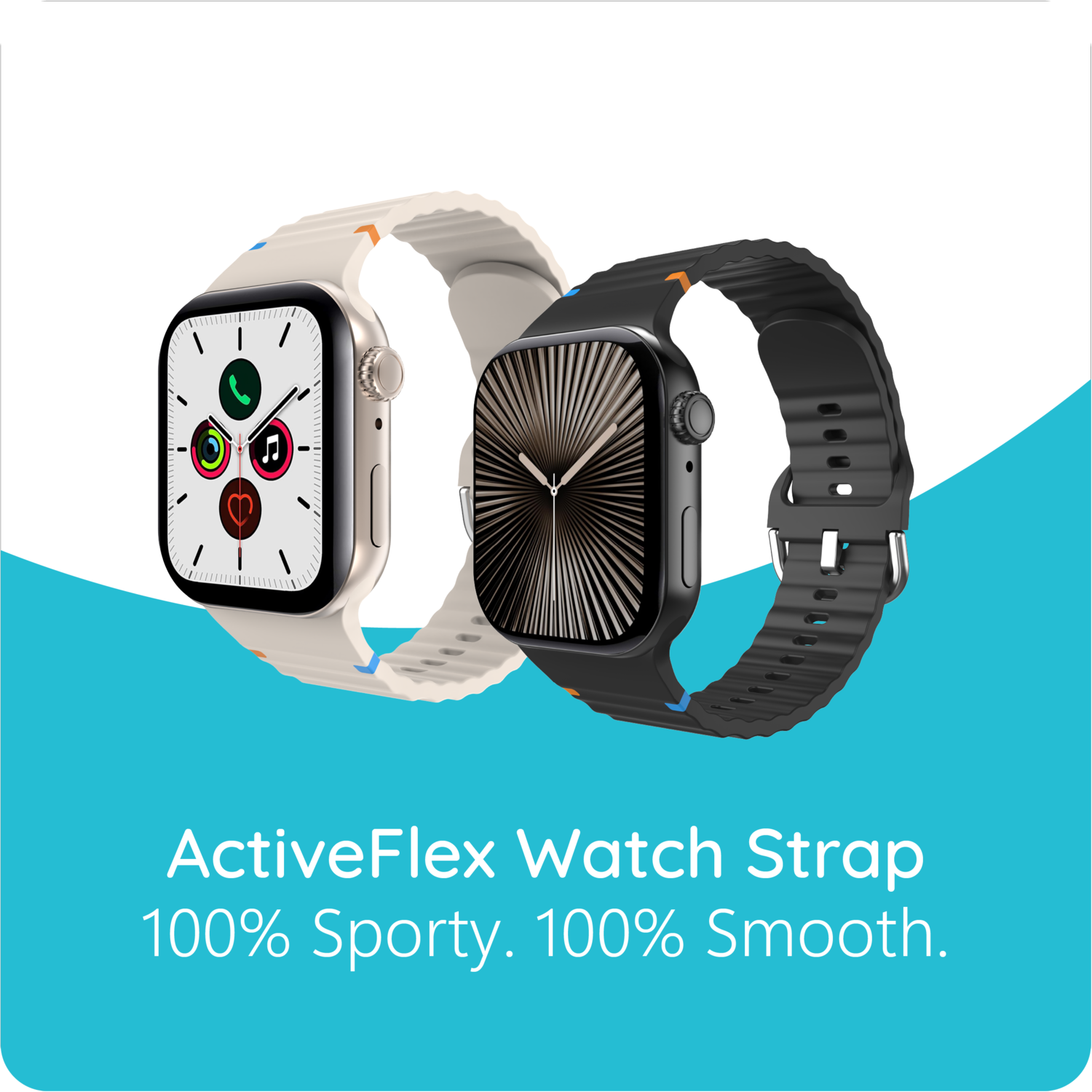 Deux smartwatches avec bracelets, un blanc, un noir, sur fond bleu avec texte.