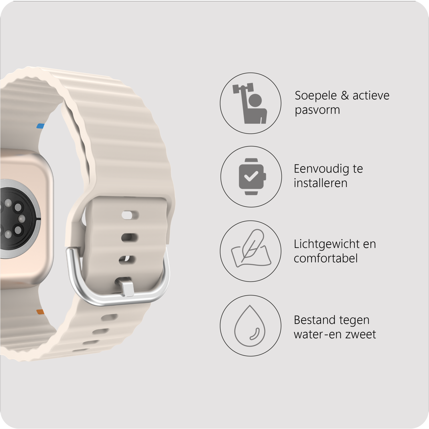 Smartwatch avec bracelet crème, à côté d'icônes avec descriptions, fond gris.