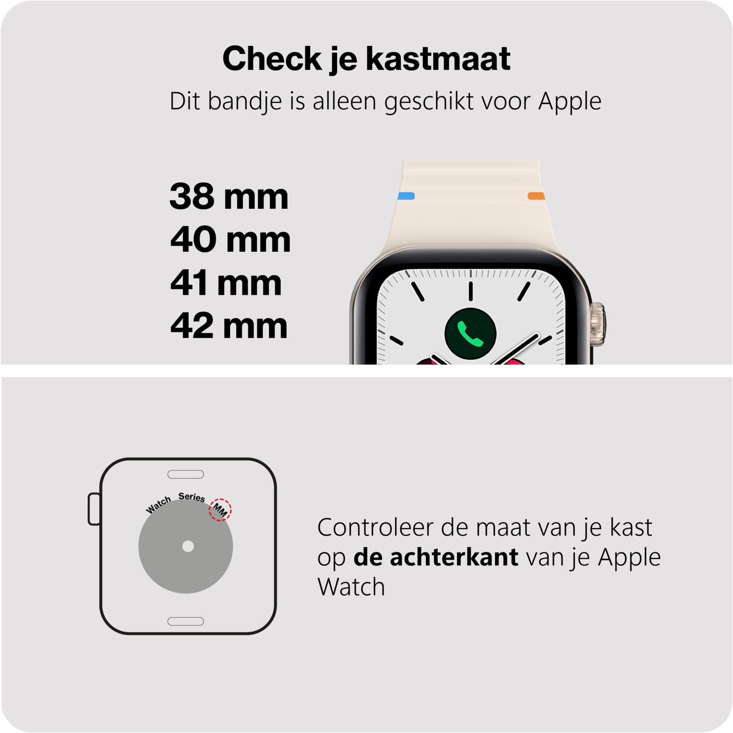 Smartwatch montrant les tailles de montre : 38 mm, 40 mm, 41 mm, 42 mm. Fond blanc.