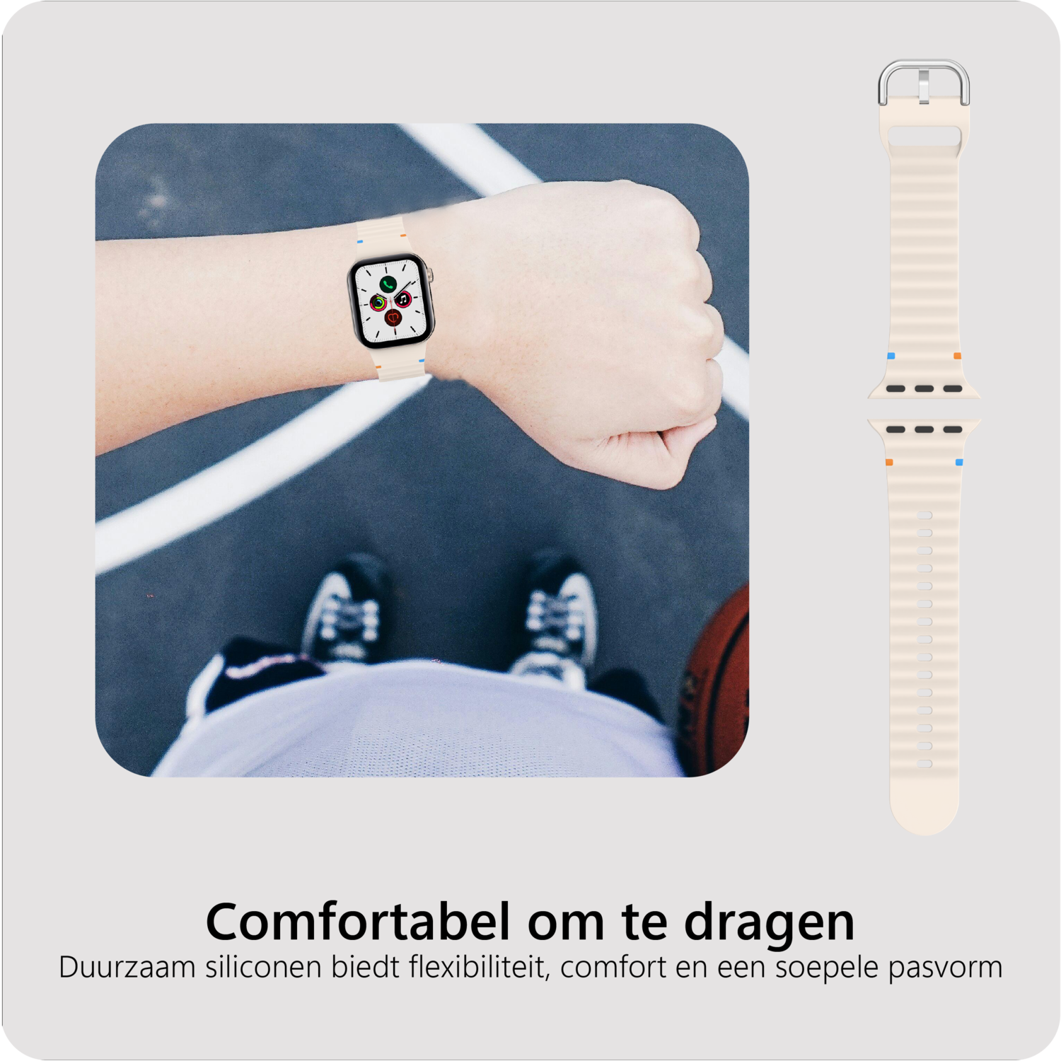 Personne portant une smartwatch avec bracelet crème sur un terrain de basket. Bracelet détaché à droite.