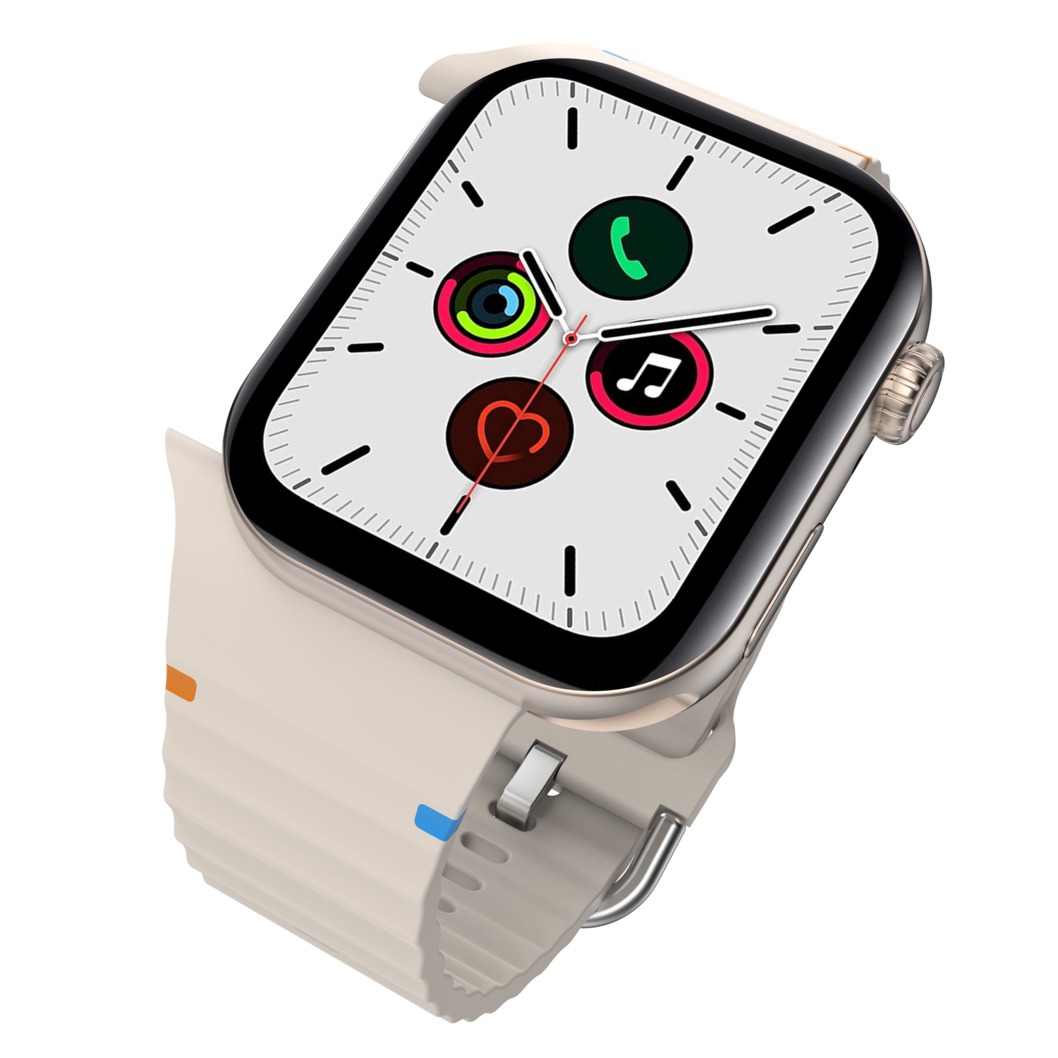 Smartwatch avec bracelet crème, cadran noir avec icônes, fond noir.