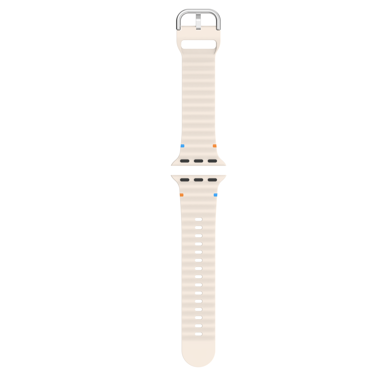 Deux moitiés d'un bracelet de montre crème, montrant la boucle et les trous.