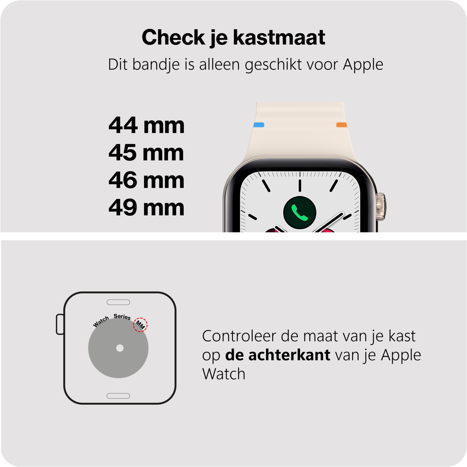 Diagramme montrant la compatibilité de la taille de l'Apple Watch avec un cadran et du texte sur le dimensionnement.