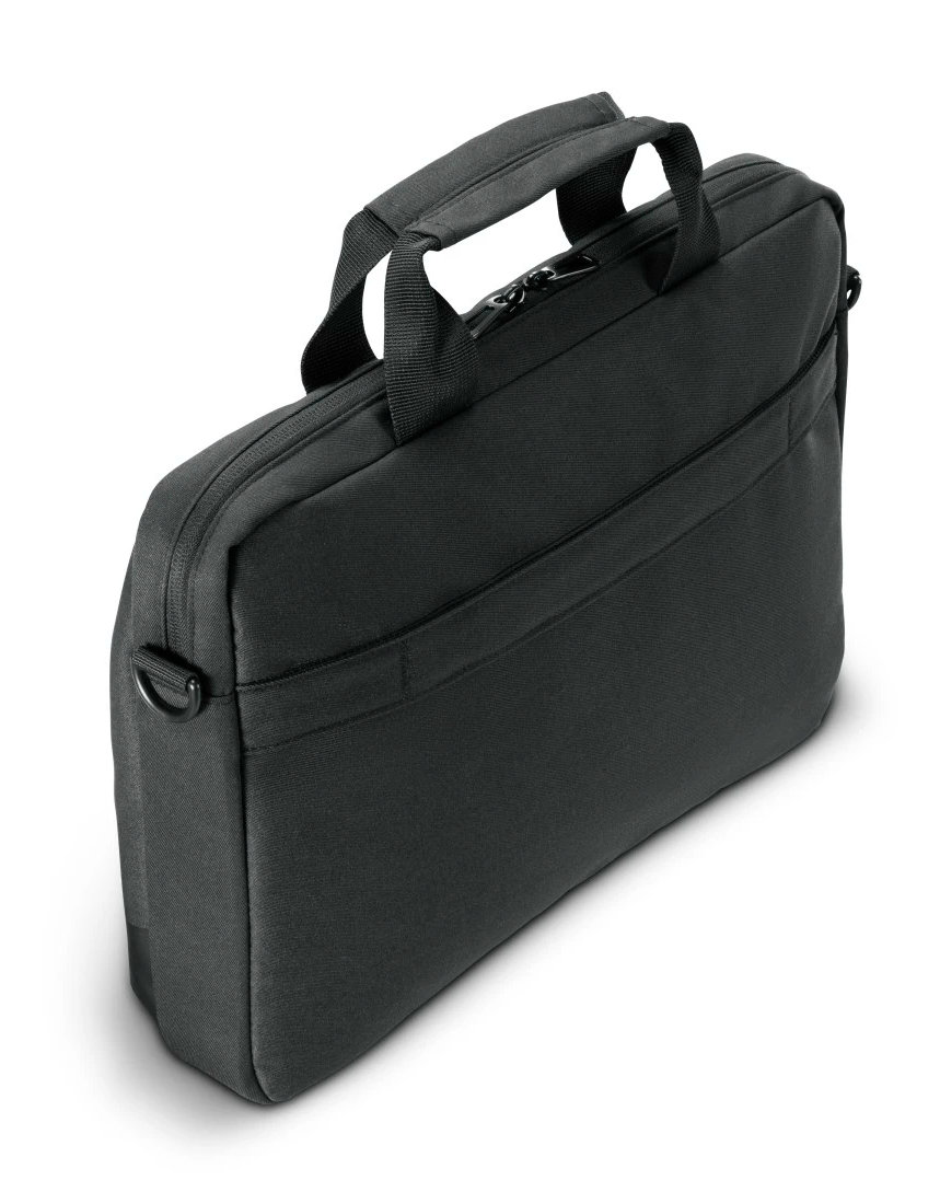 Czarna teczka z uchwytem, zamkiem błyskawicznym i logo jest ustawiona pod kątem na białym tle.