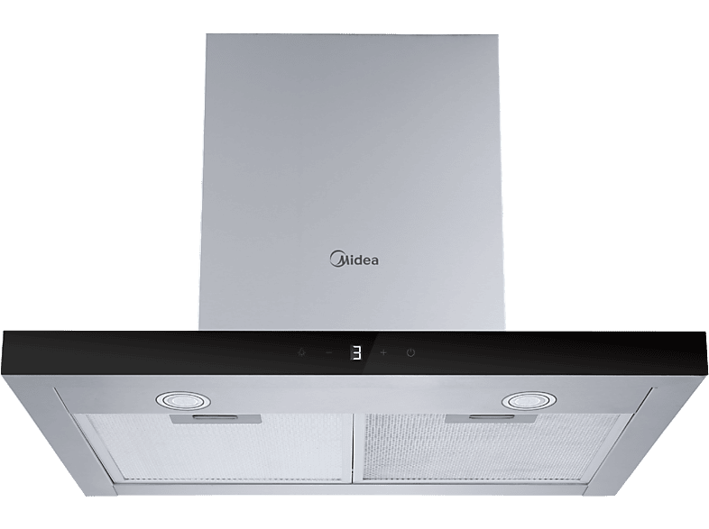 Campana decorativa - Midea MH60B4300B-ES, 4 Niveles de Ventilador, 800 m³/h, 60 cm Ancho, T invertida, Iluminación LED, Acero y frontal cristal negro