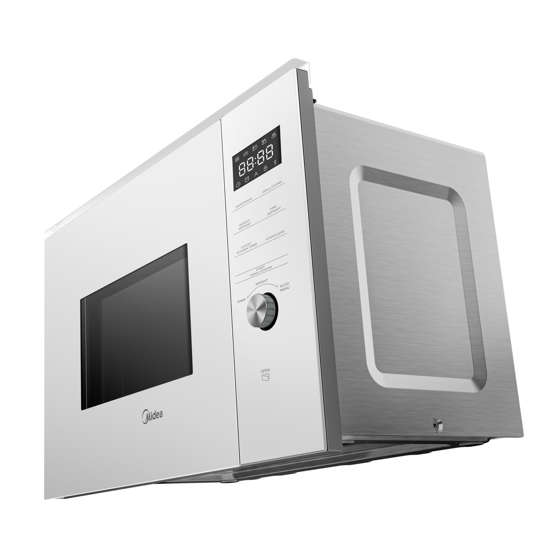 Un microondas blanco y plateado con la puerta abierta, mostrando un reloj digital y botones de control.