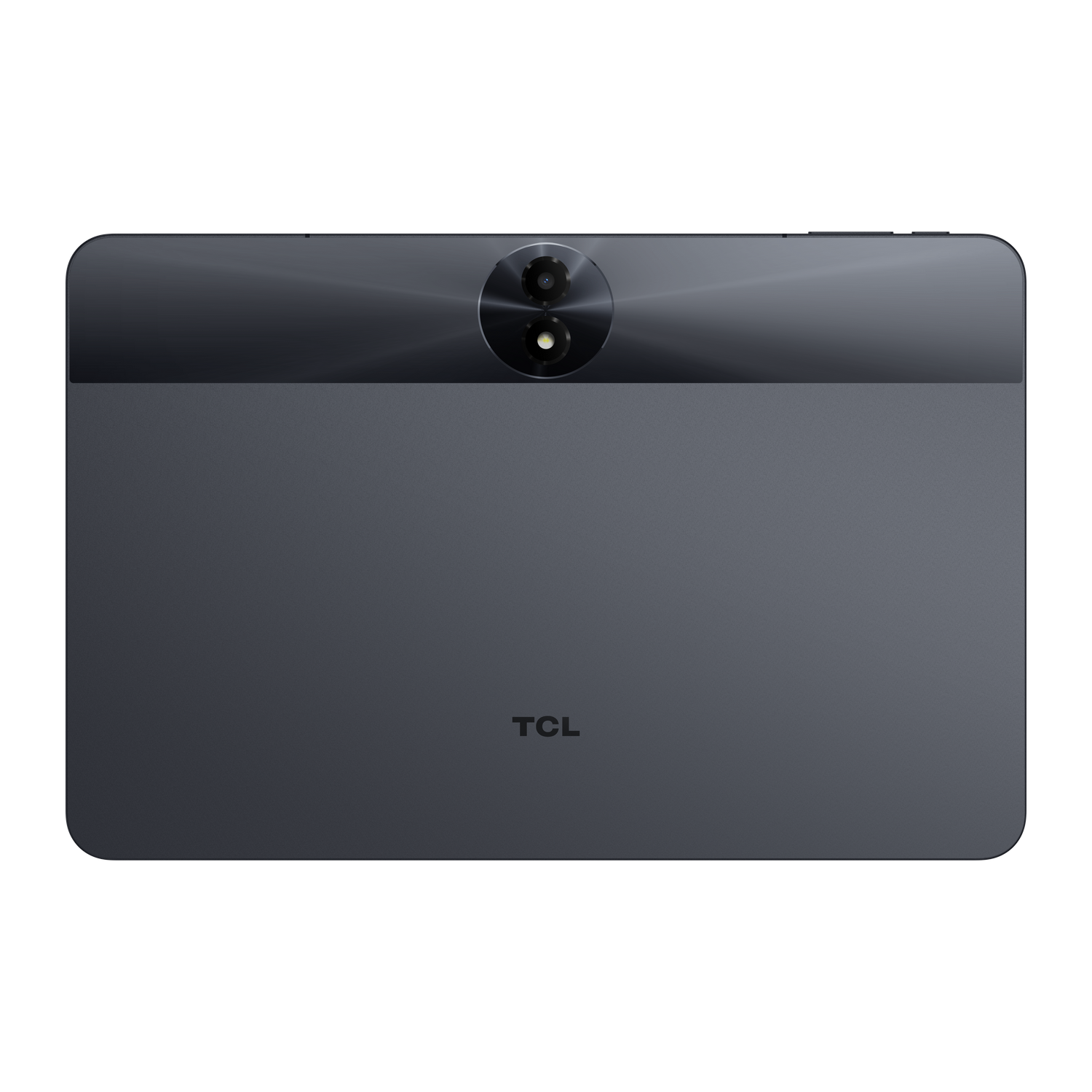 Parte trasera de una tableta TCL gris oscuro. Lentes de cámara duales en la parte superior. Logo TCL en el centro inferior.