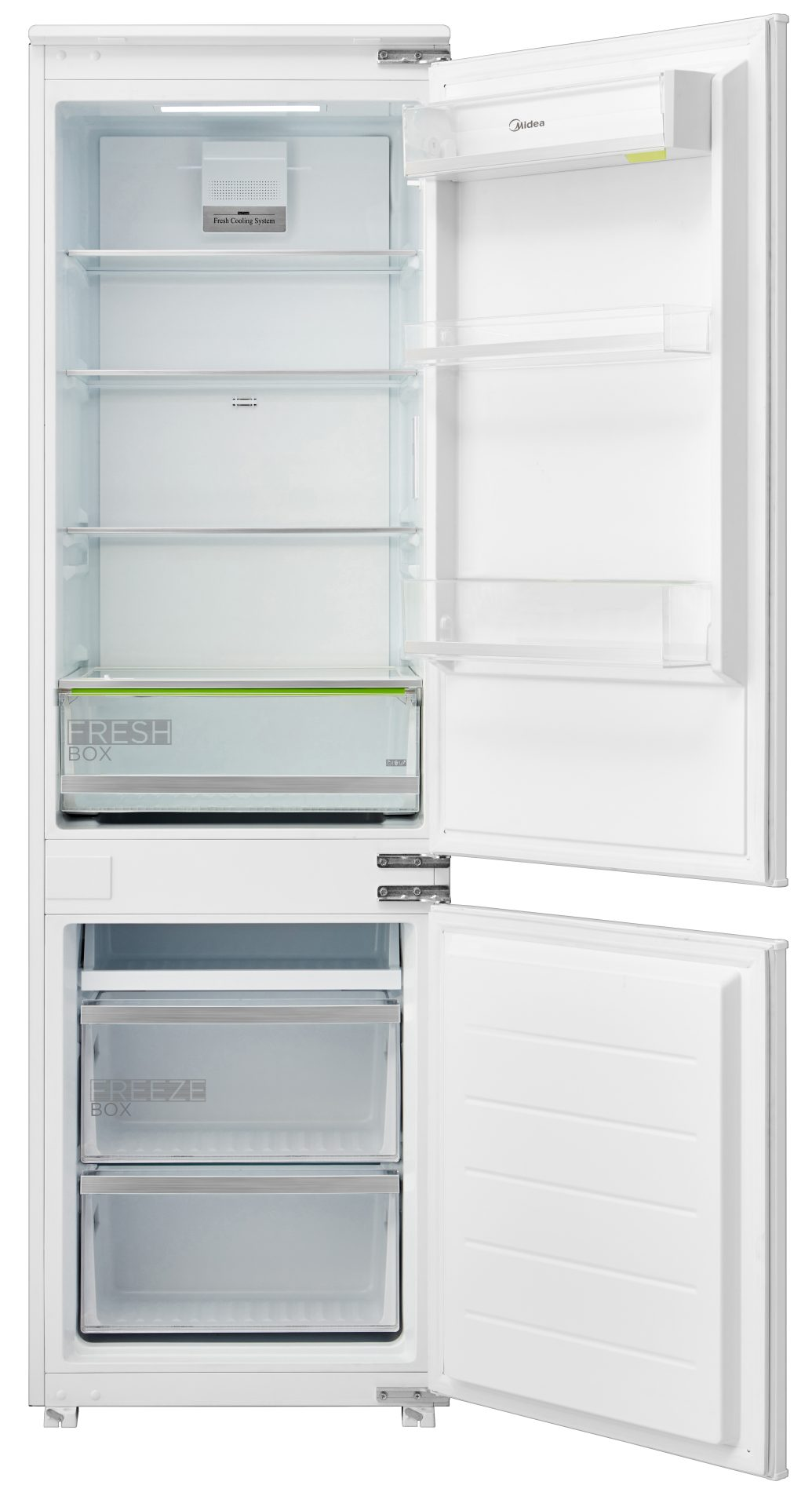 Refrigerador blanco abierto con estantes, cajones y sección de alimentos frescos.