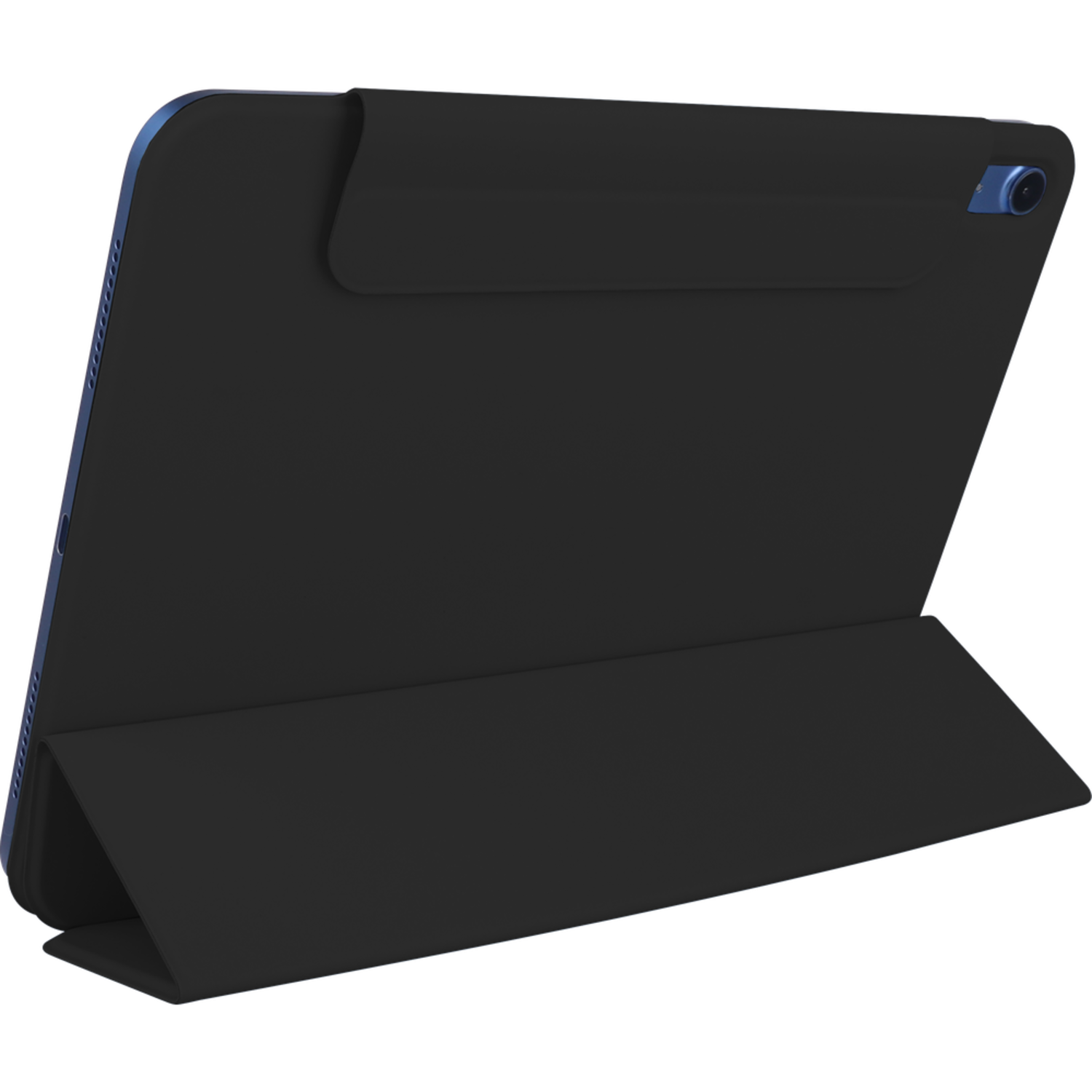 Tablet in a black case, propped up. The case is a stand. Blue edges.