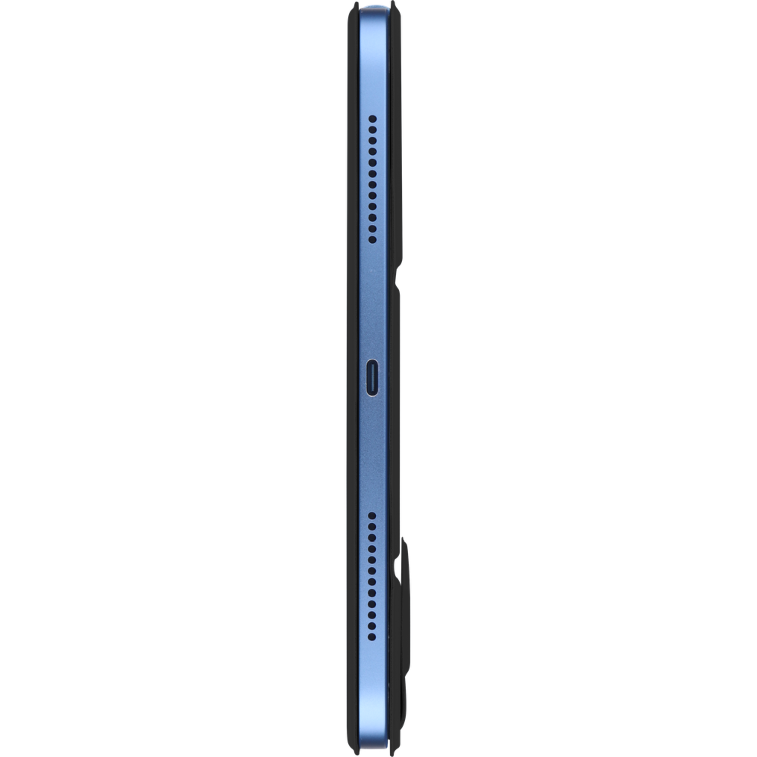 Side view of a tablet in black case. Shows the charging port and the speakers.