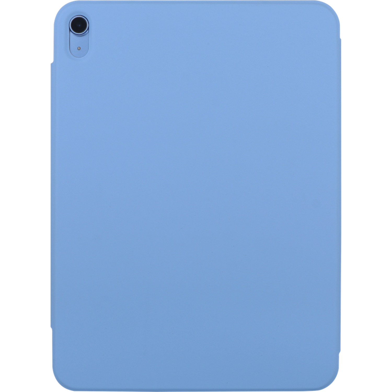 A light blue iPad case, closed, with a camera on the top left corner.