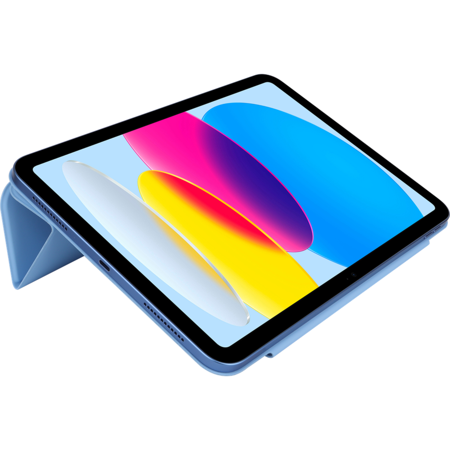 iPad in a light blue case, in stand mode. The screen displays a colorful image.