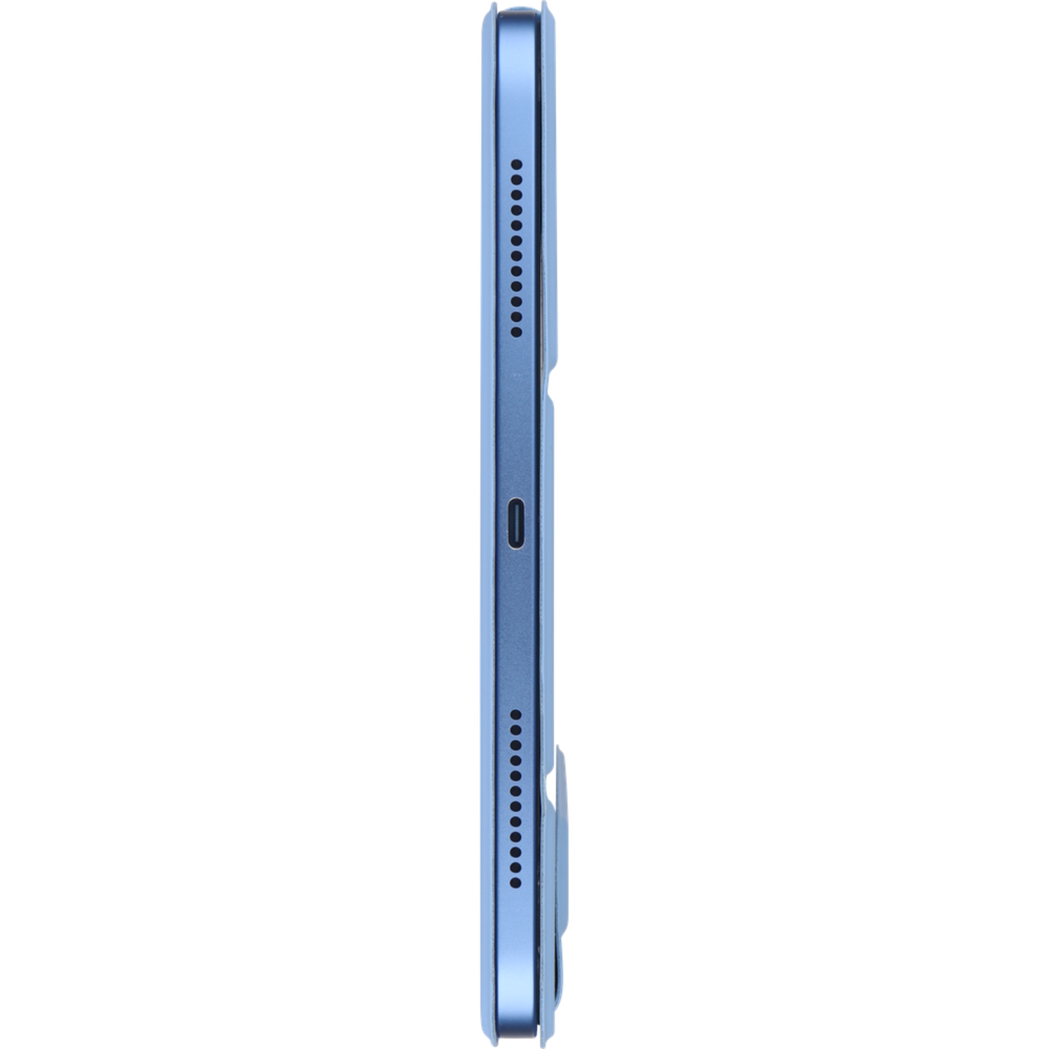 Side view of a light blue iPad case, showing the edge with buttons and charging port.
