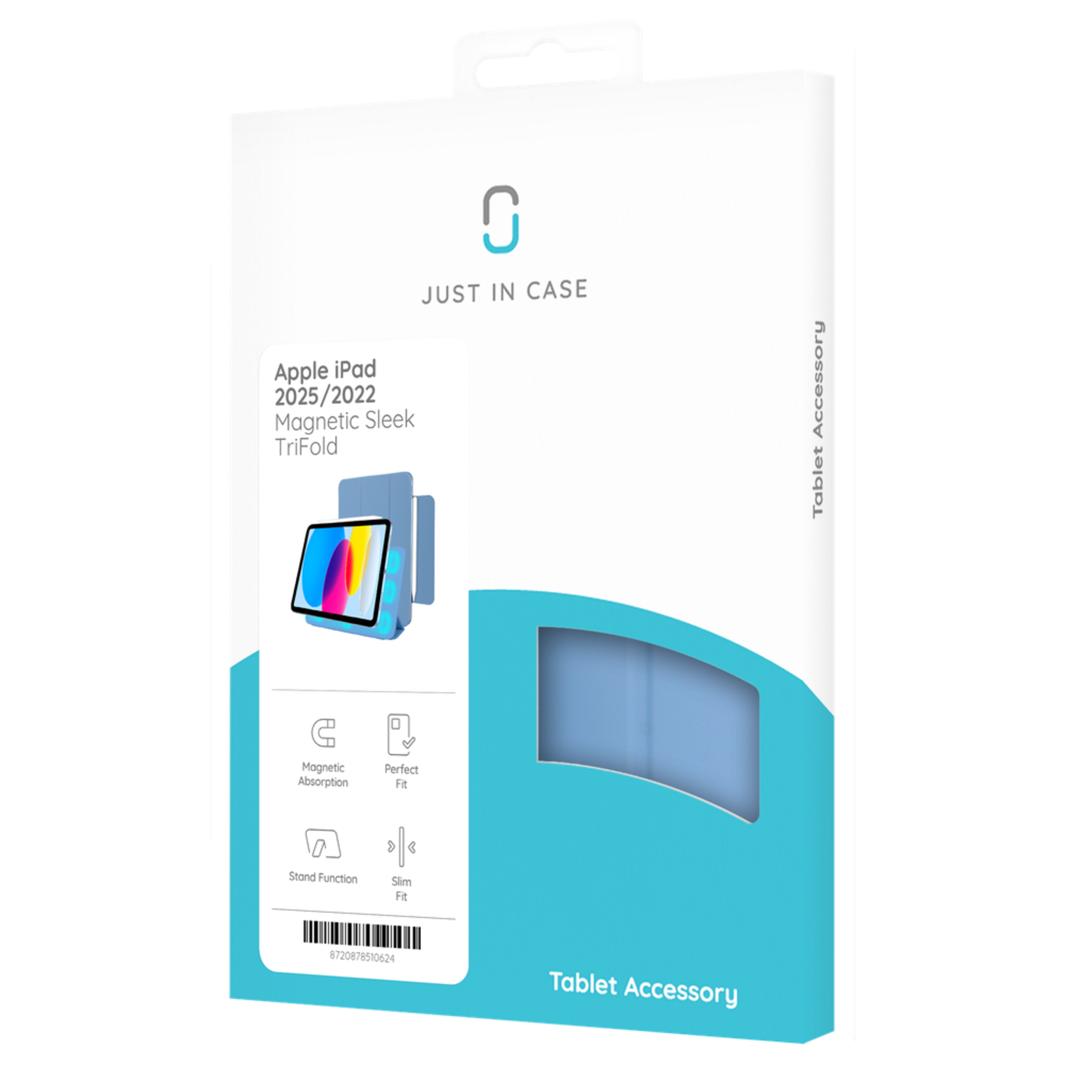 iPad case box with tablet image. Features: Magnetic Absorption, Perfect Fit, Stand Function, Slim Fit.