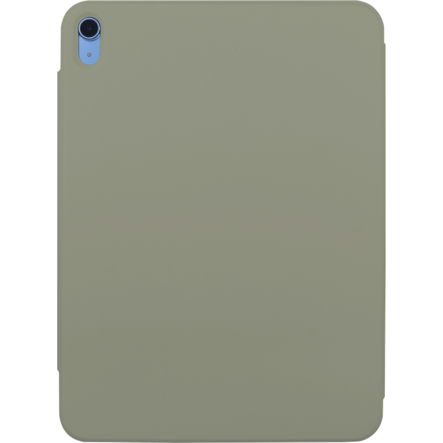 An olive green iPad case, closed, with a camera on the top left corner.