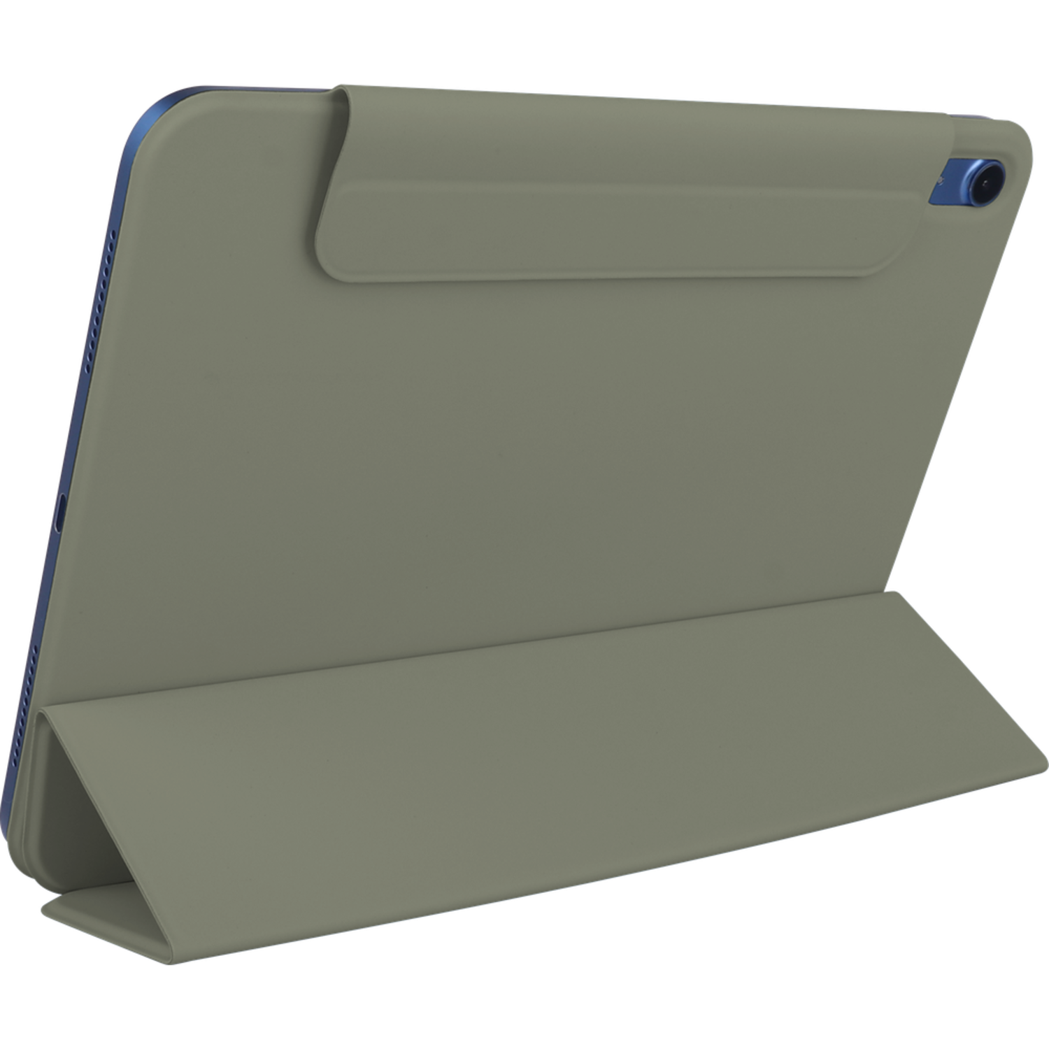 Olive green iPad case in stand mode, with a tablet inside. The case is supporting the tablet.