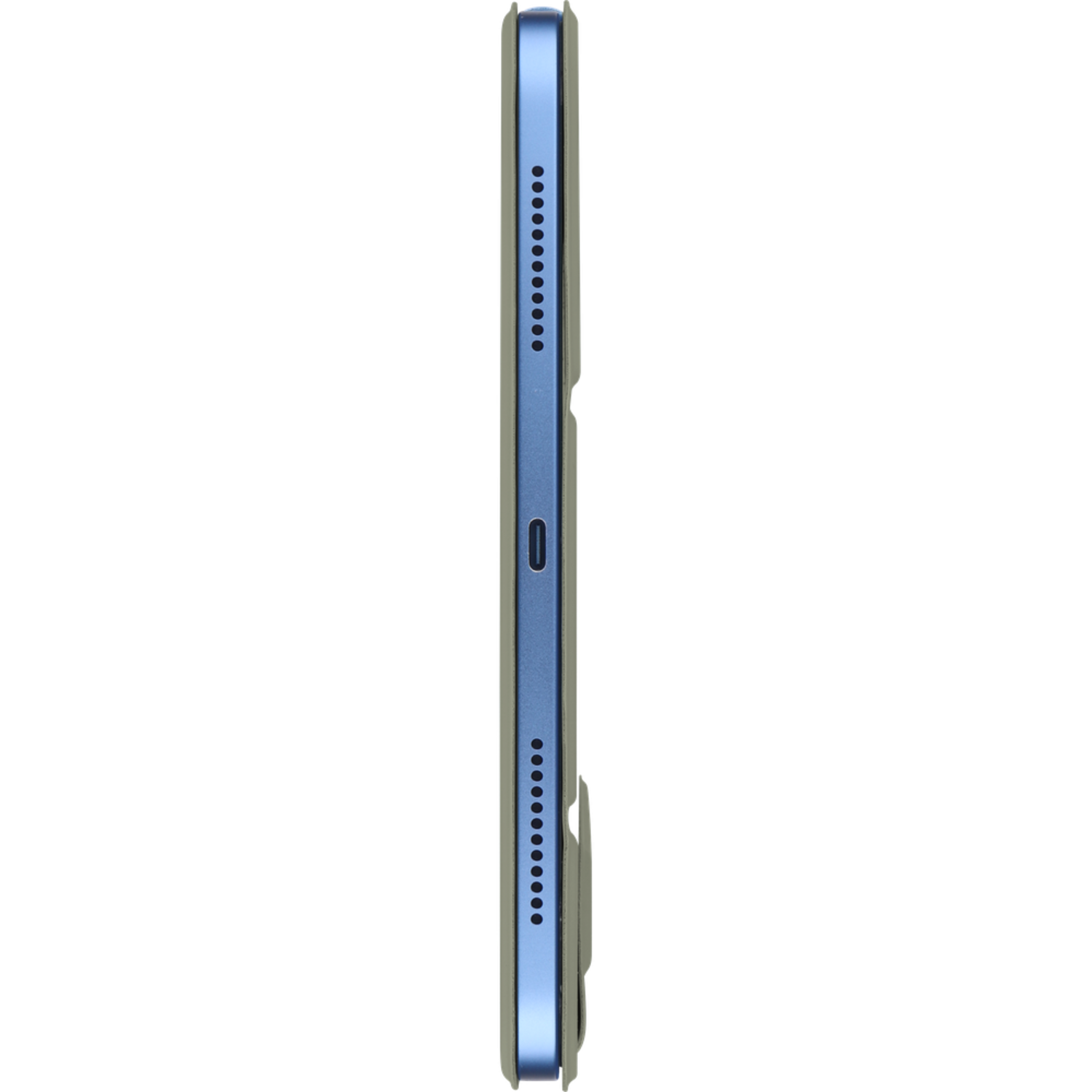 Side view of a blue tablet with a gray case. A charging port is visible.