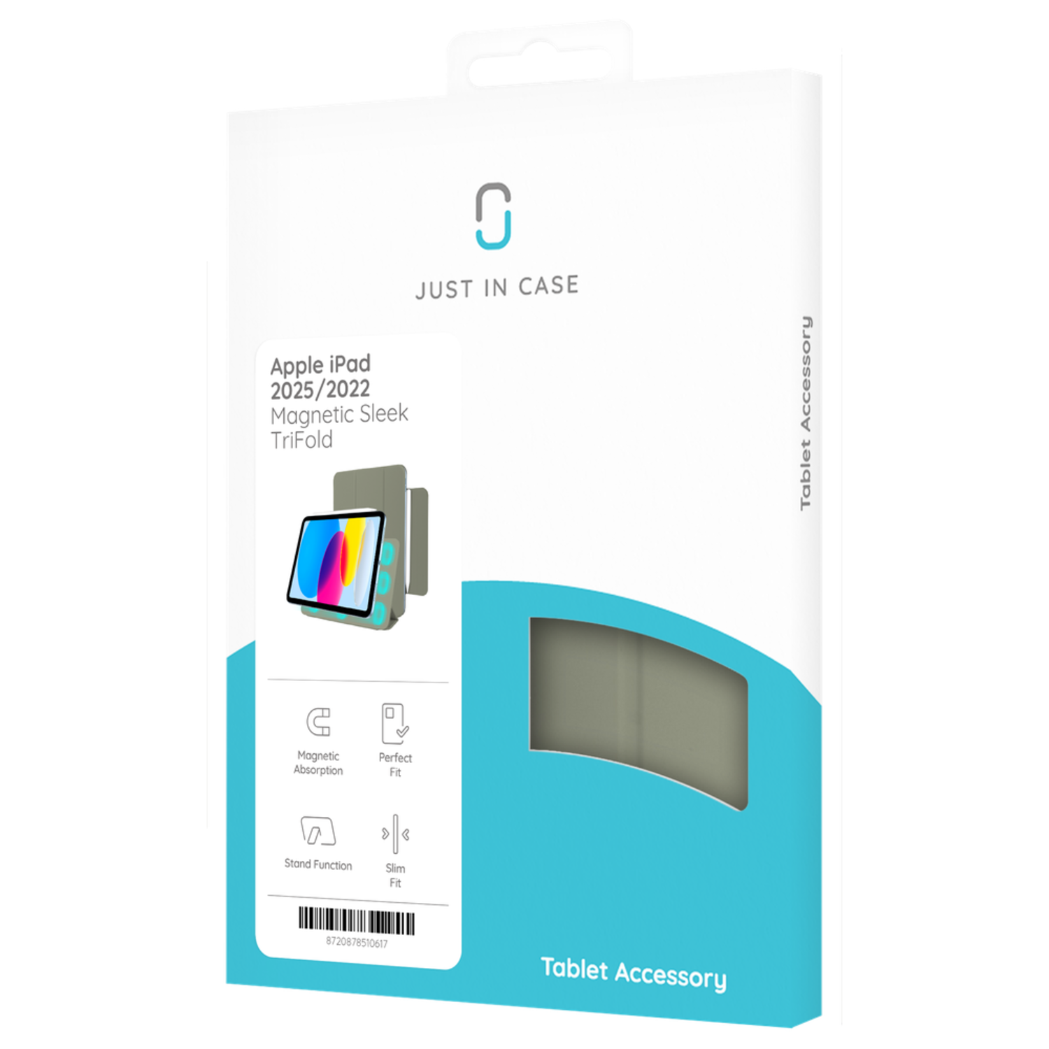Packaging box for an Apple iPad tablet accessory. The box is white and turquoise.