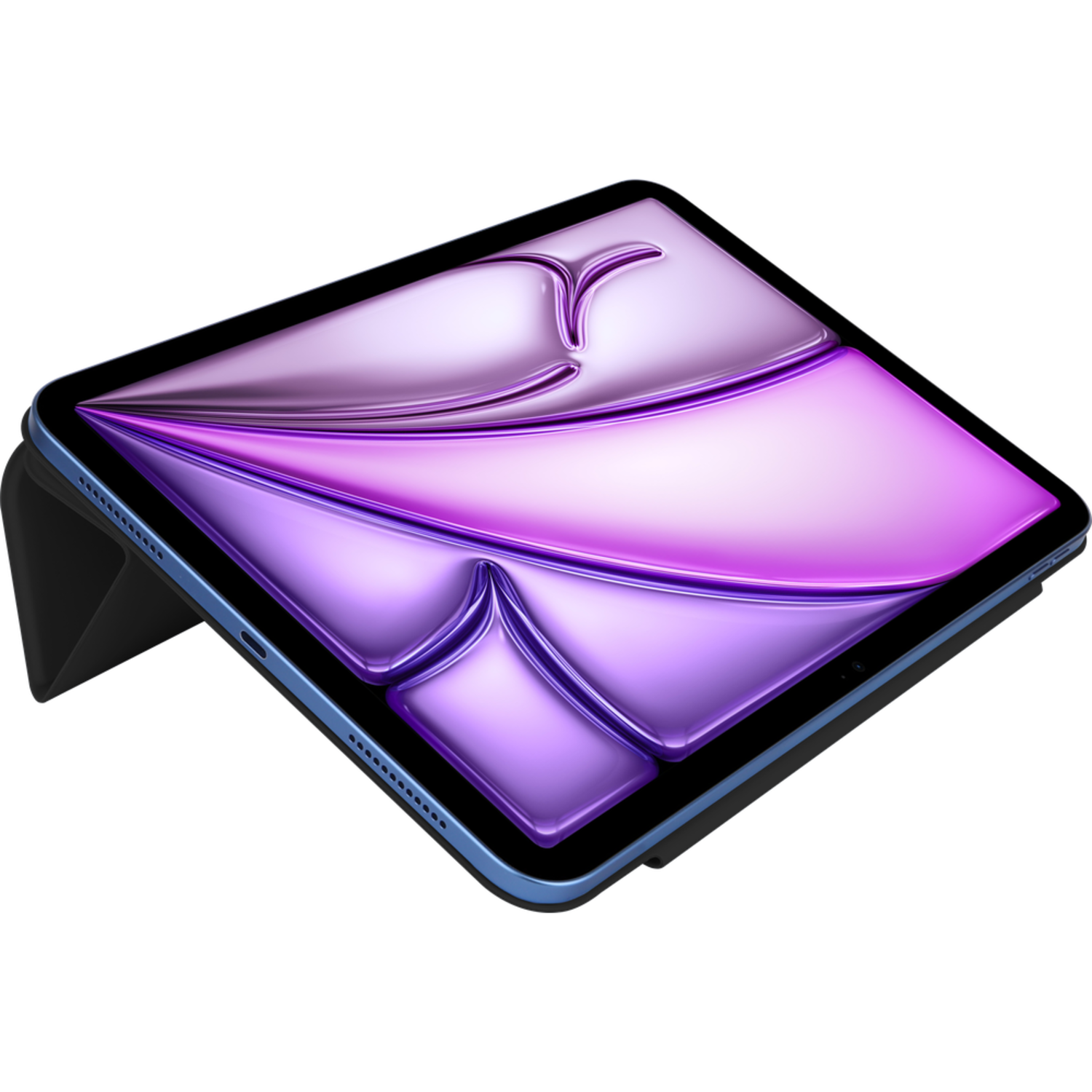 Tablet with a purple screen, propped up in a black case.