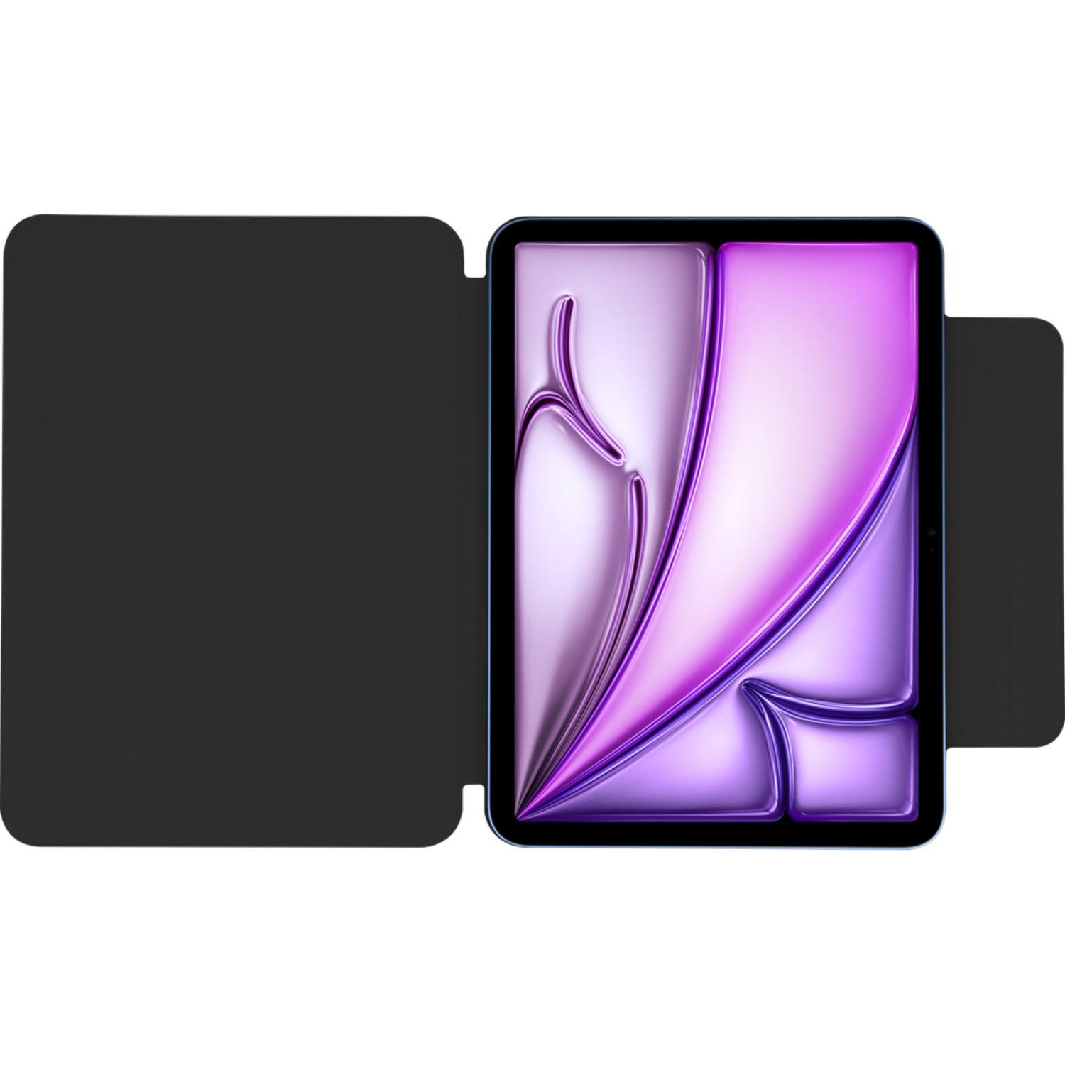 Tablet with a black case open. The screen shows purple graphics.