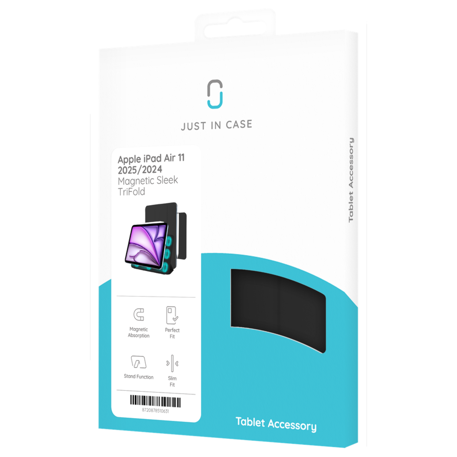 Packaging box for an Apple iPad tablet accessory. The box is white and blue.