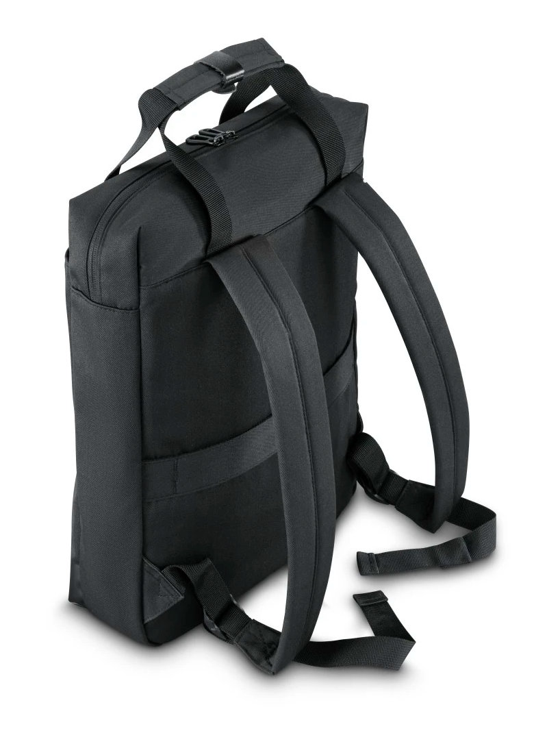 Czarna torba z paskami na ramiona, widok z tyłu.