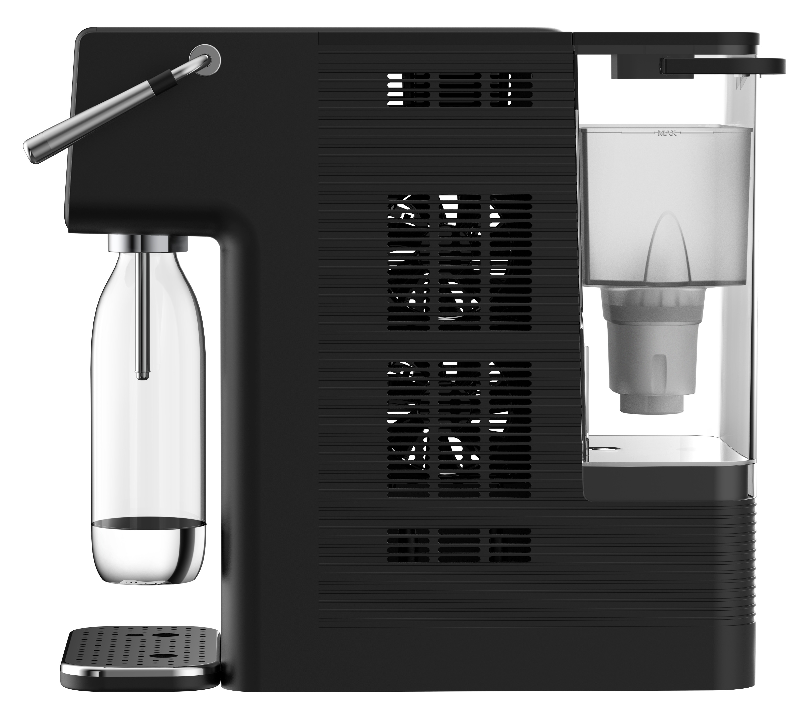 Widok z boku czarnego dystrybutora wody Philips z butelką wody gazowanej i elementami wewnętrznymi.