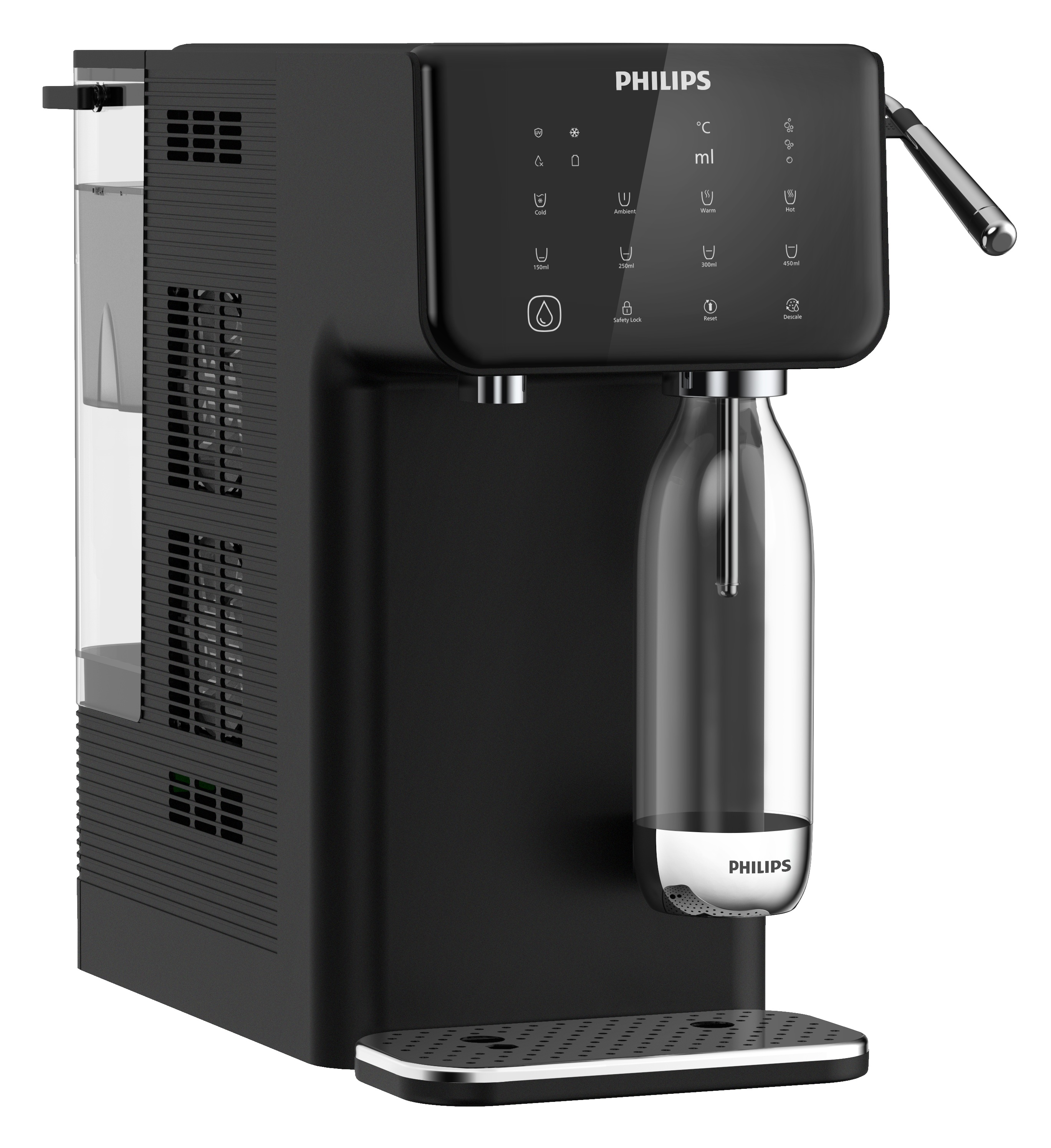 Czarny dystrybutor wody Philips z dołączoną butelką wody gazowanej, widok pod kątem, na białej powierzchni.