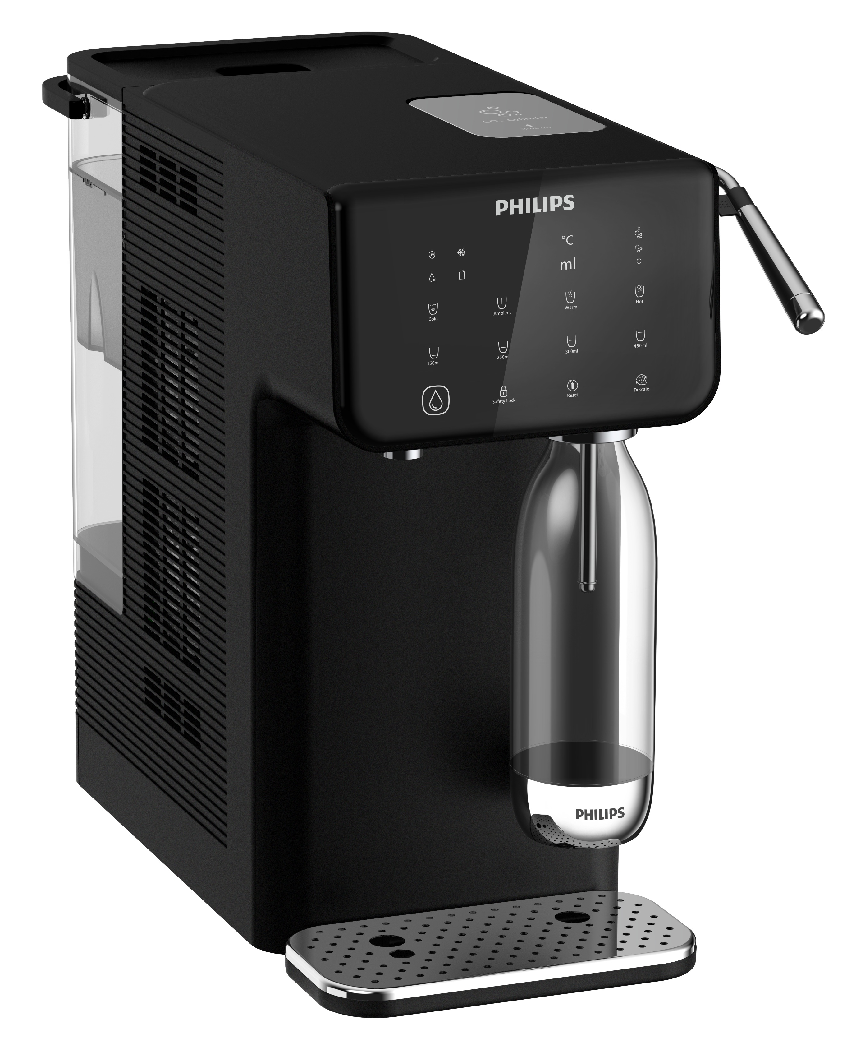 Czarny dystrybutor wody Philips z butelką wody gazowanej, widok pod kątem, na białej powierzchni.