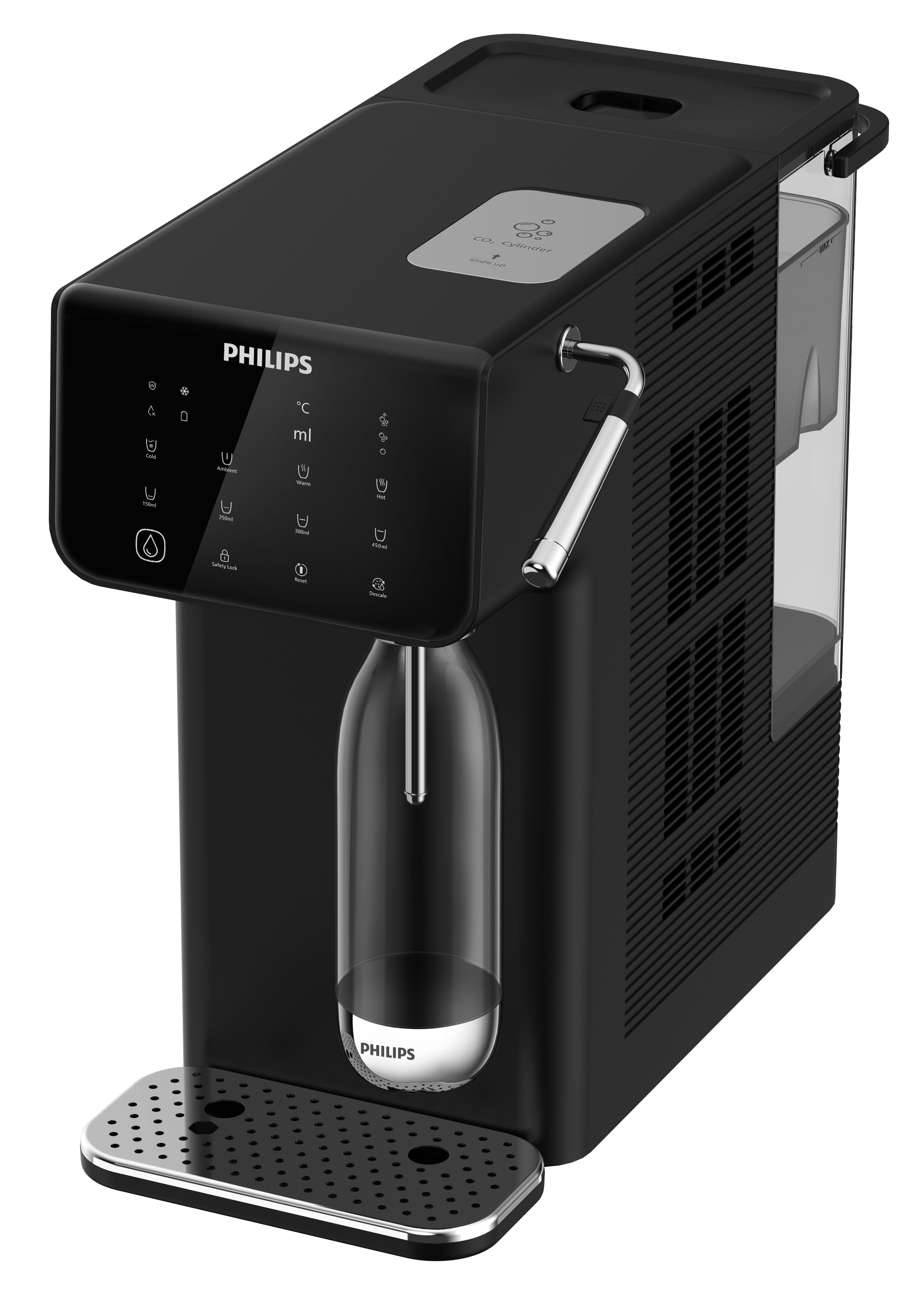 Czarny dystrybutor wody Philips ze srebrnymi akcentami, przyciskami i butelką.